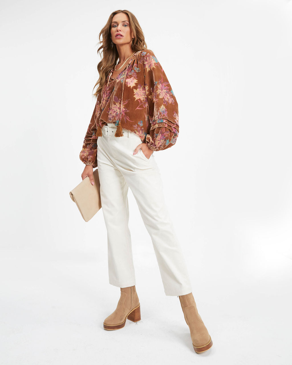 Arden Floral Burnout Velvet Top - Taupe