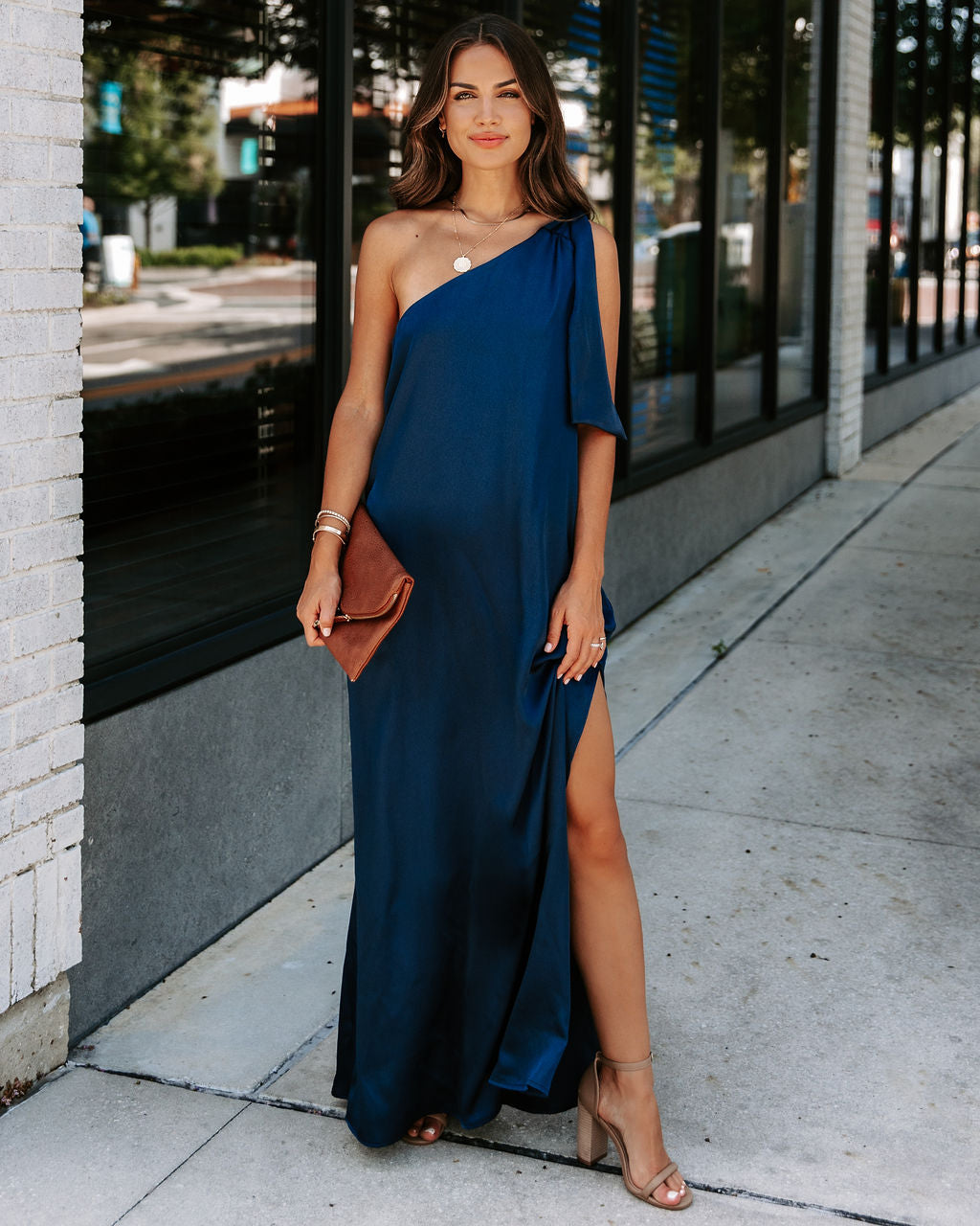 Invite Only Satin One Shoulder Maxi Dress - Navy