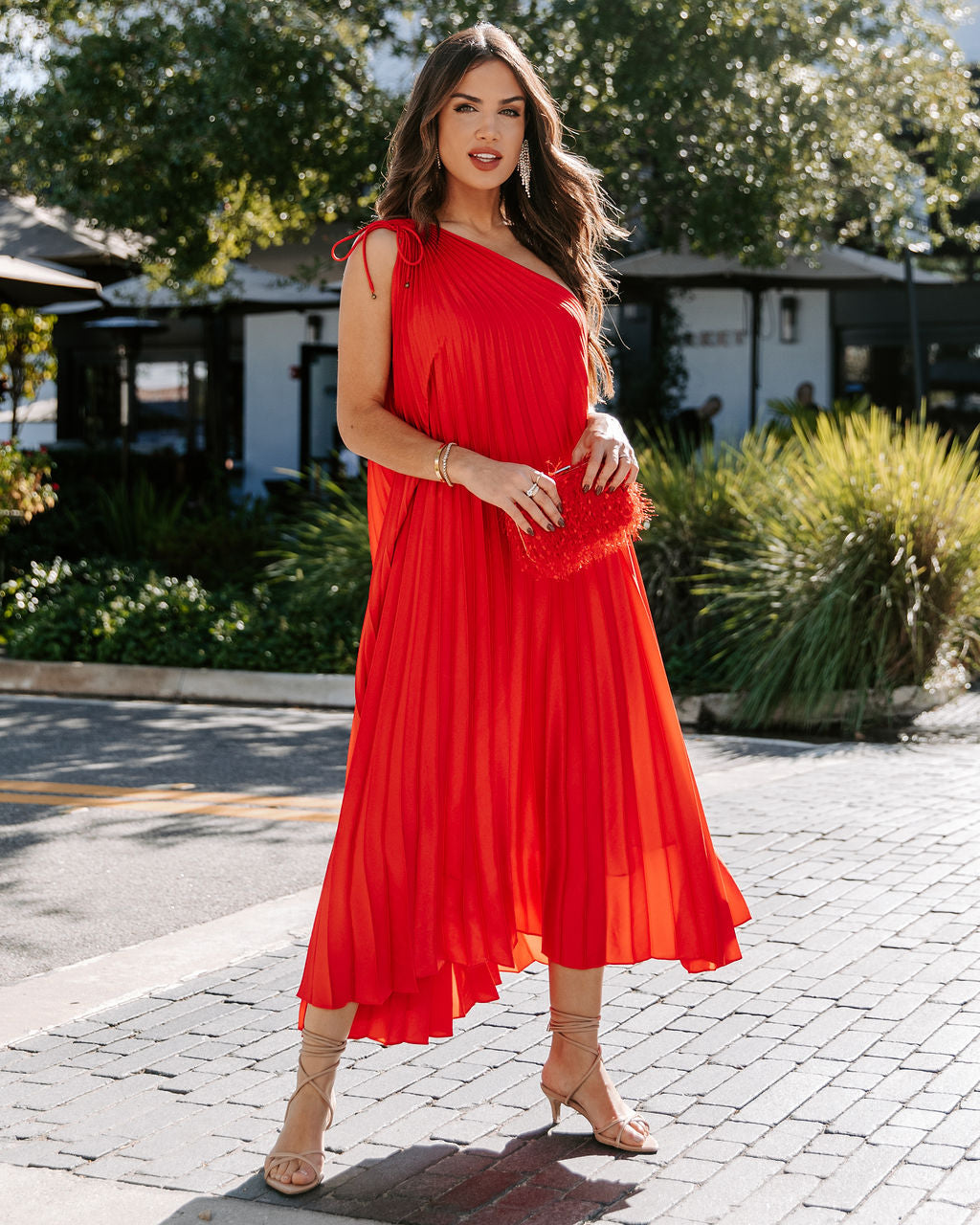 Melina Satin One Shoulder Pleated Midi Dress - Red