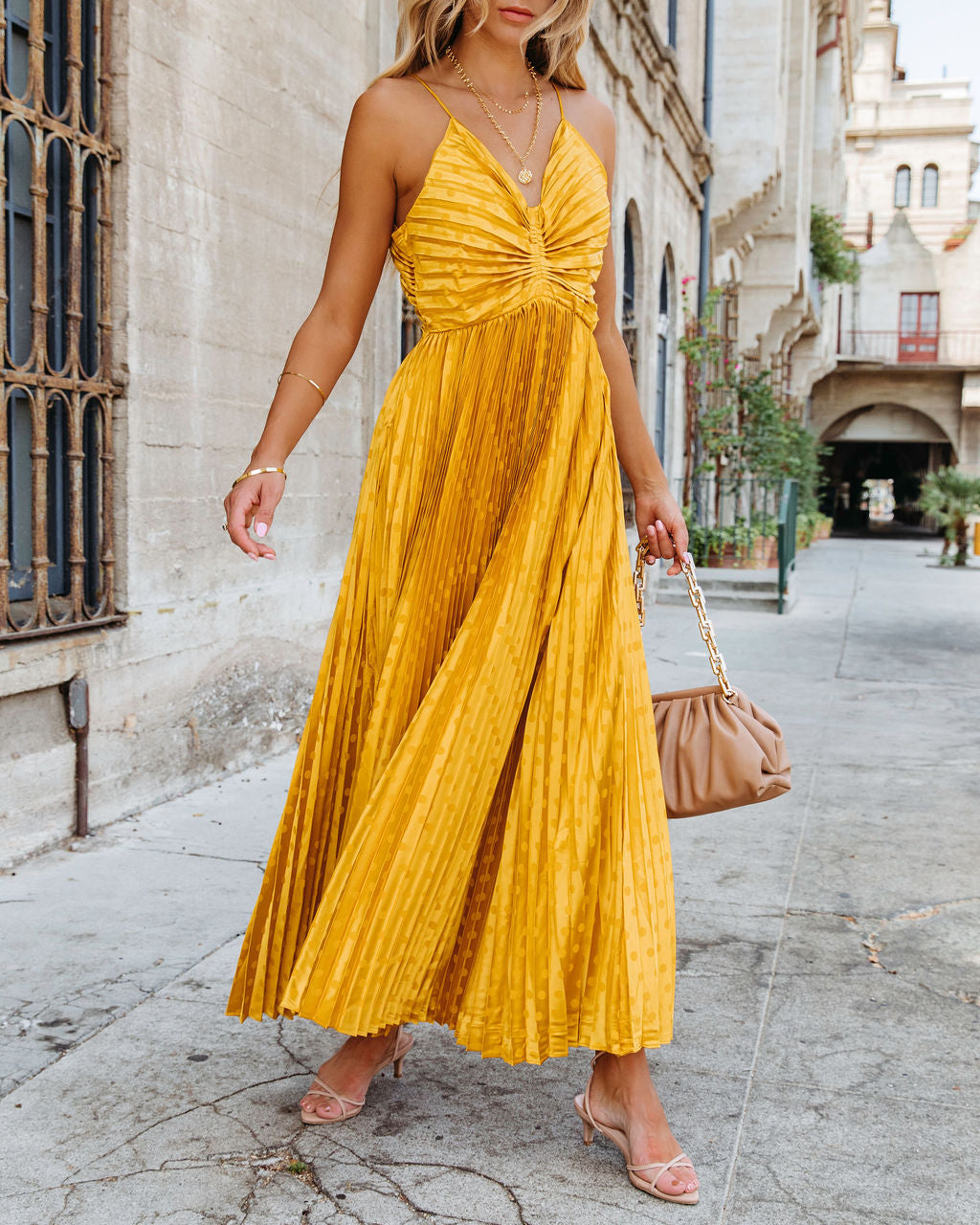 Marilynn Pleated Polka Dot Maxi Dress - Marigold - SALE
