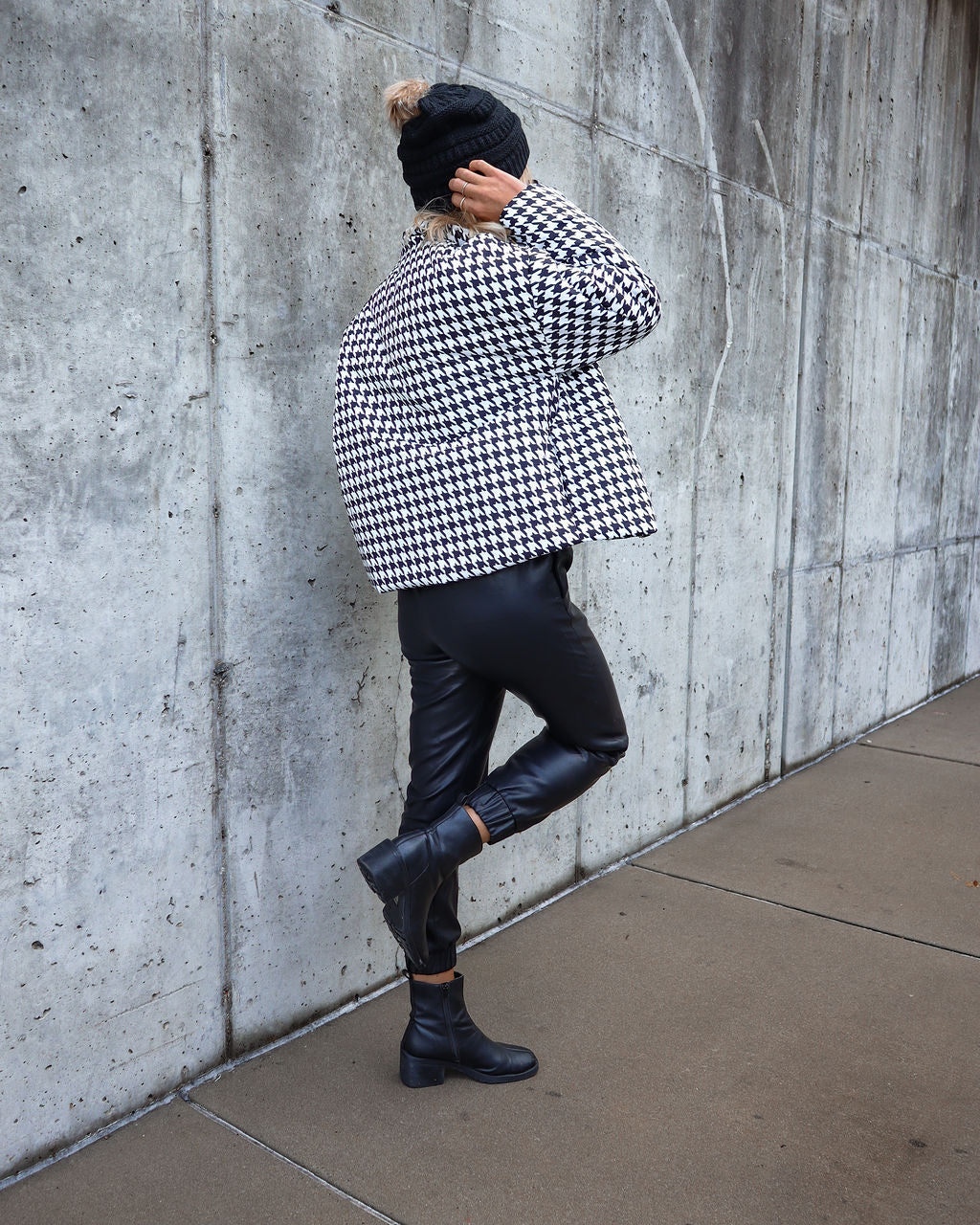 Meet Me At The Rink Houndstooth Pocketed Puff Jacket