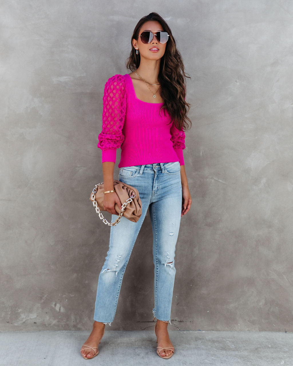 Super Fabulous Ribbed Tulle Contrast Top - Hot Pink