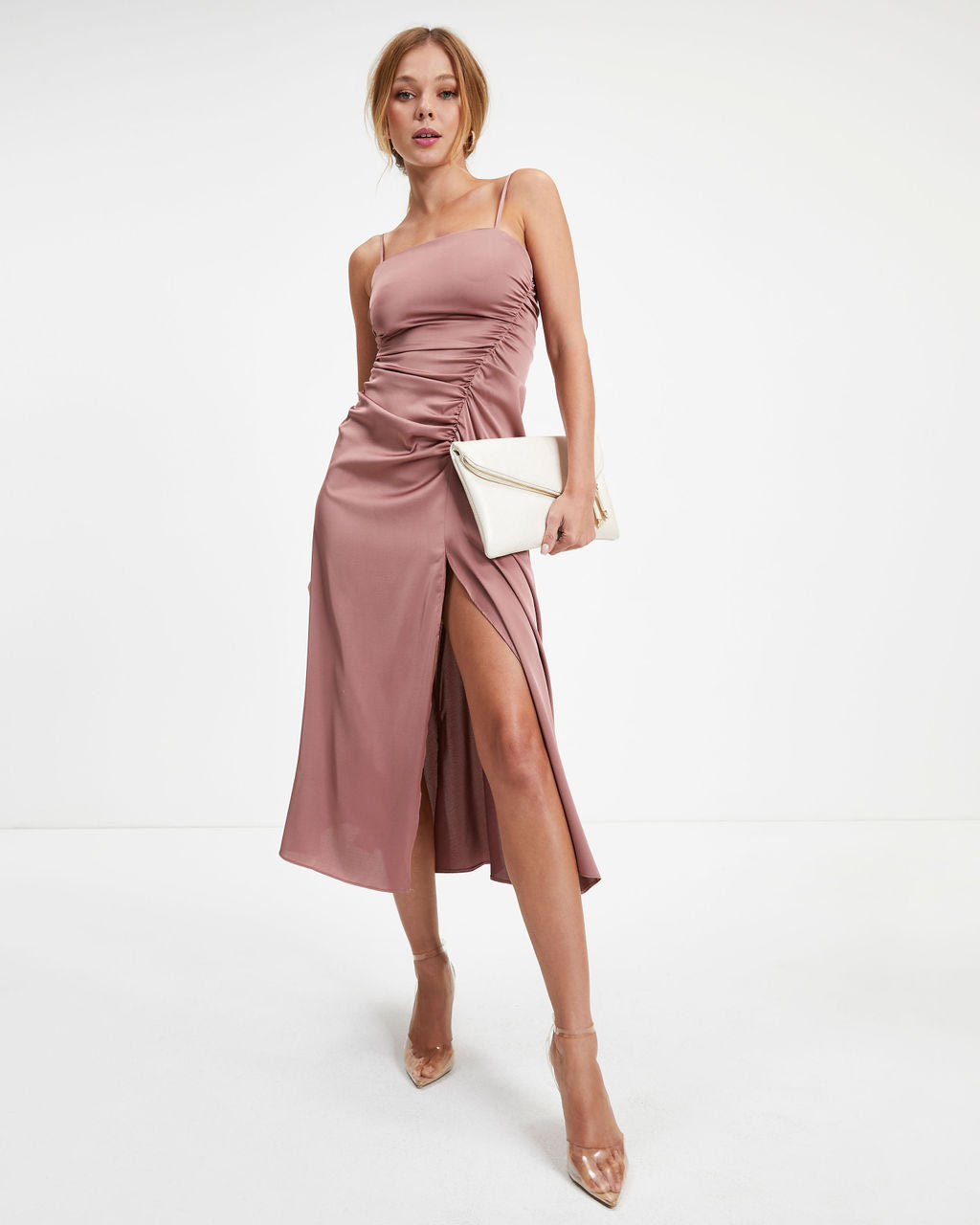 Luxe Doll Satin Drape Slit Midi Dress - Rose - FINAL SALE