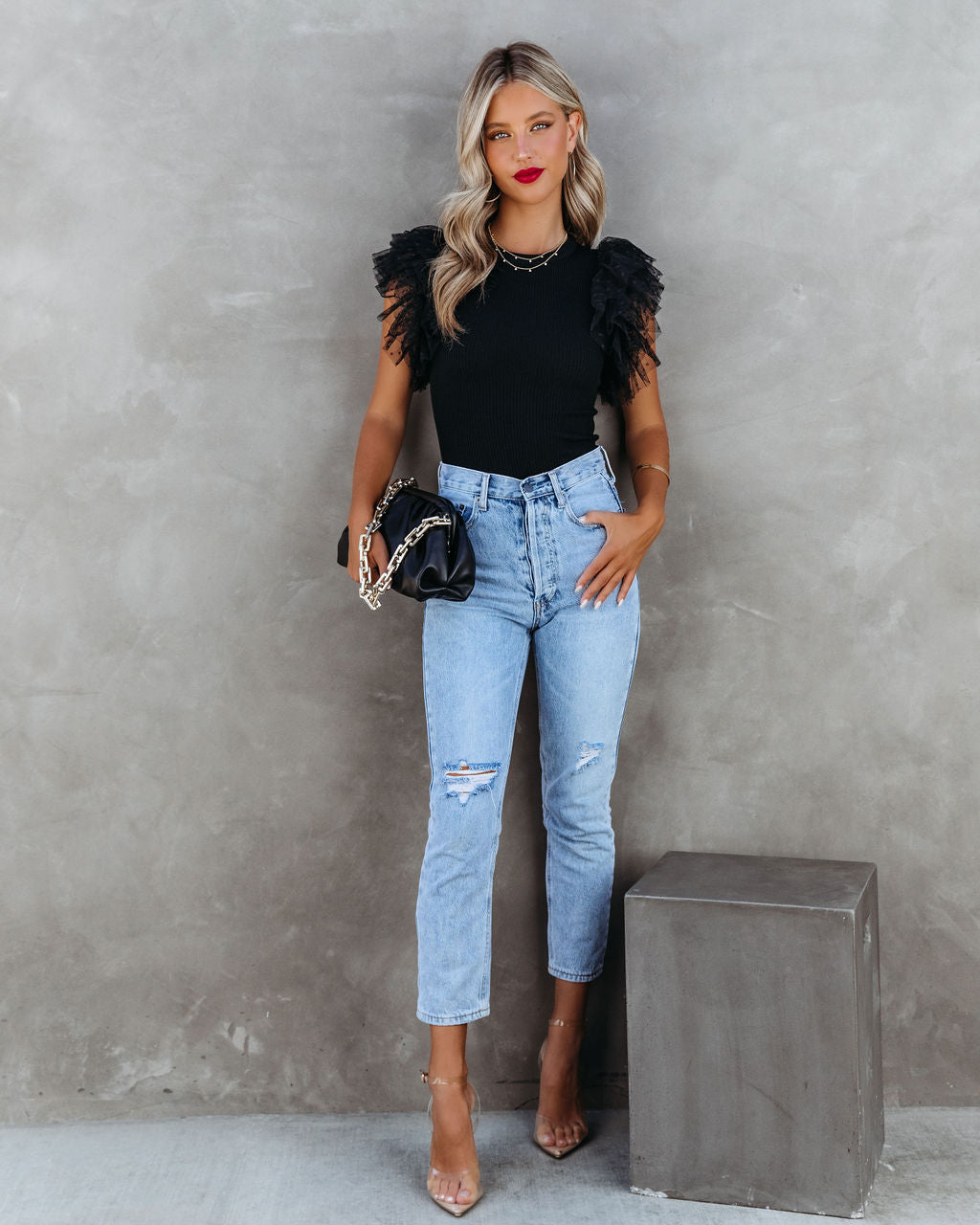 Swan Lake Ribbed Tulle Top - Black