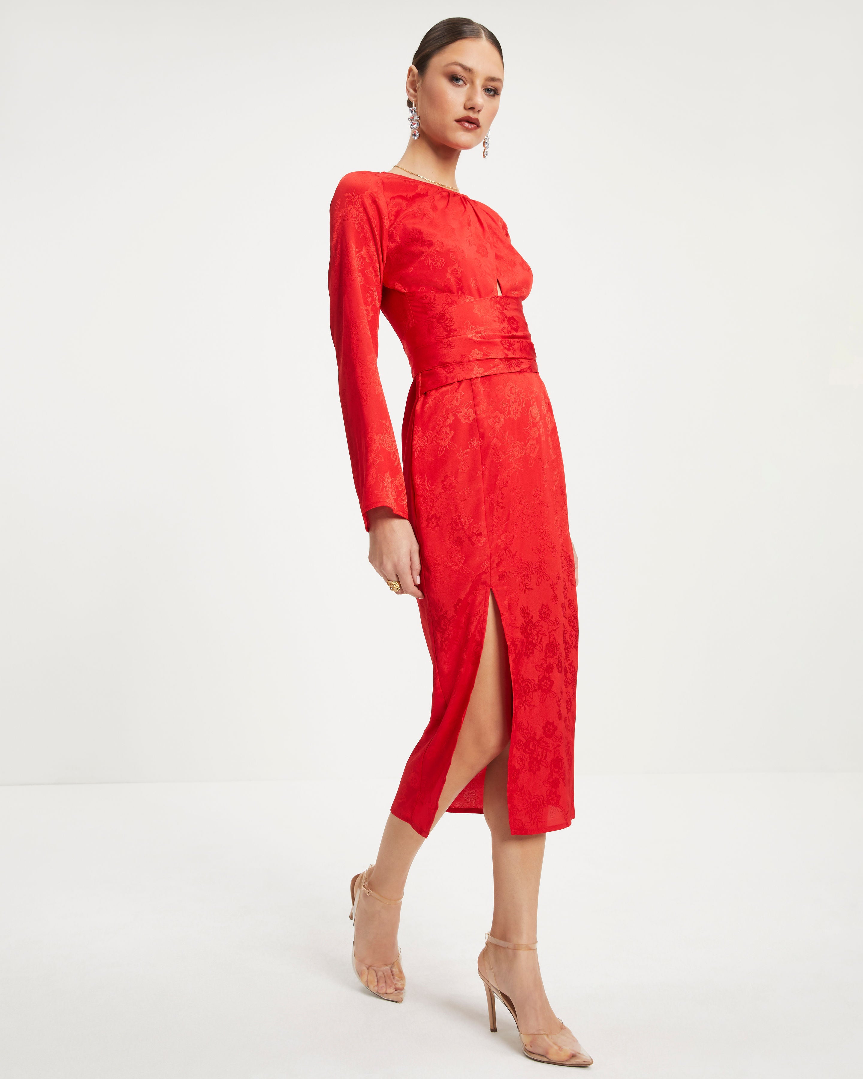 Divine Rights Satin Floral Cutout Midi Dress - Red