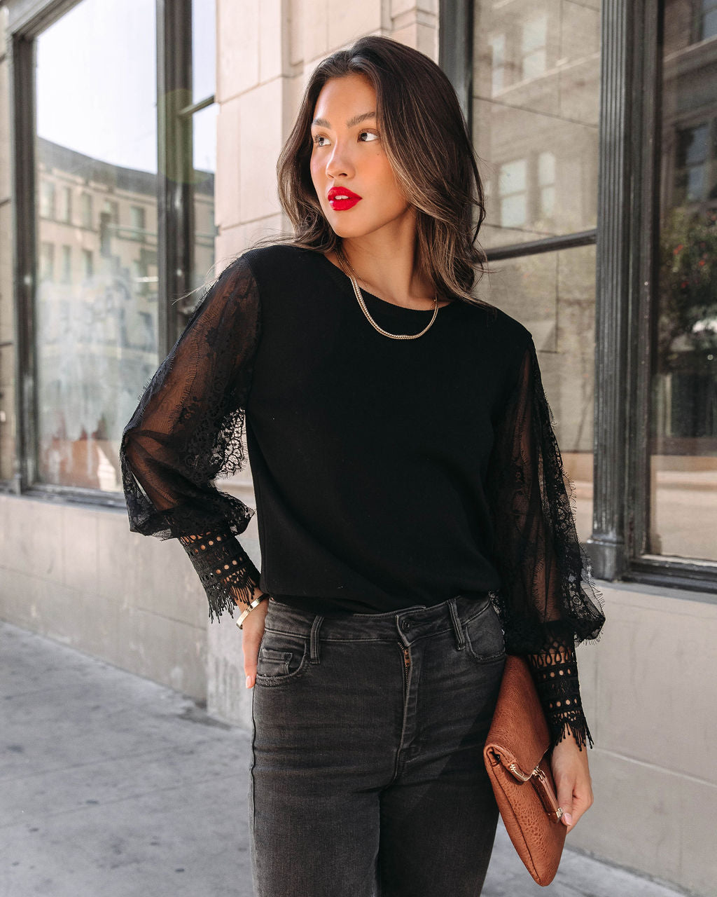 Before The Dawn Lace Sleeve Sweater - Black