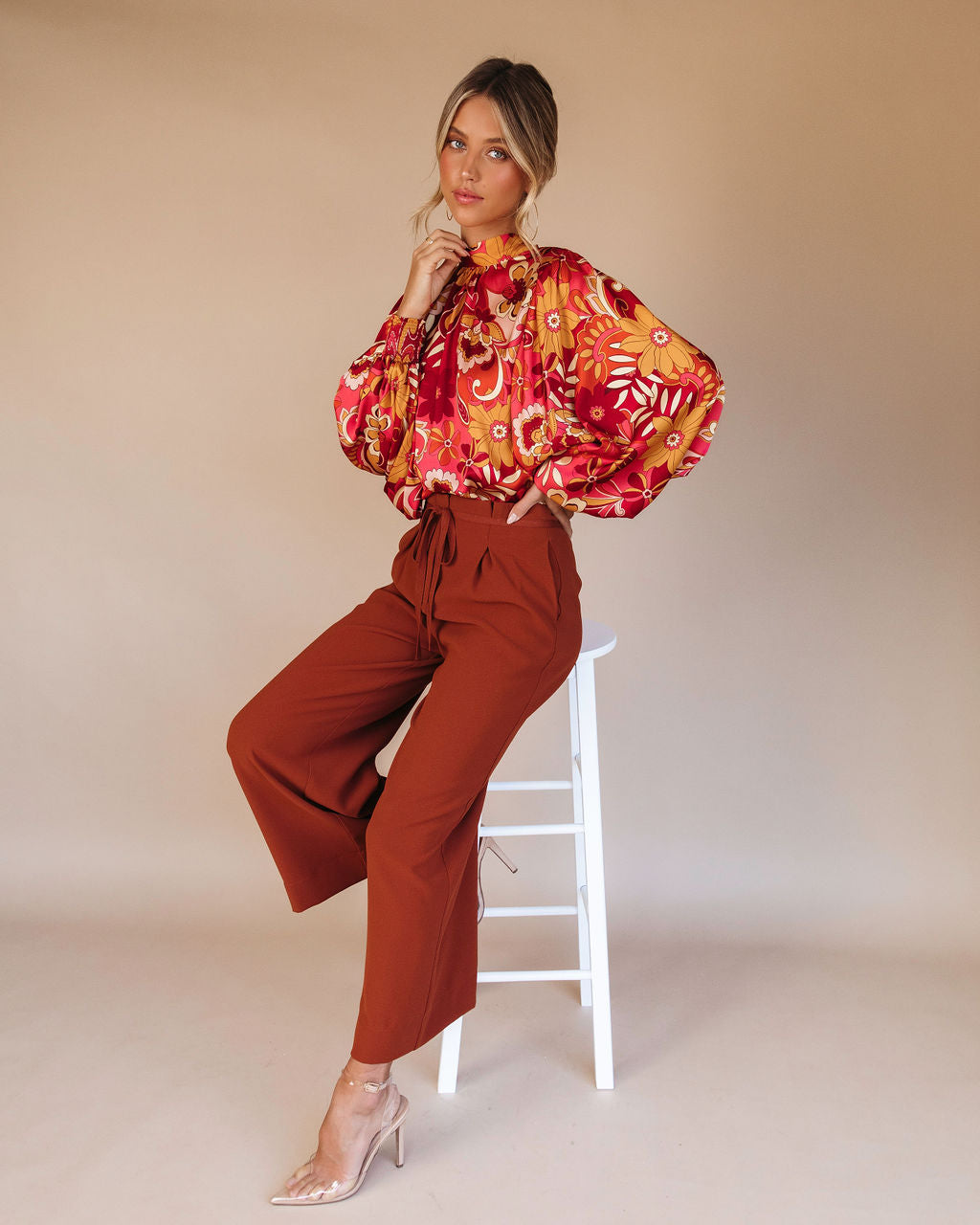Dylann Satin Floral Balloon Sleeve Top