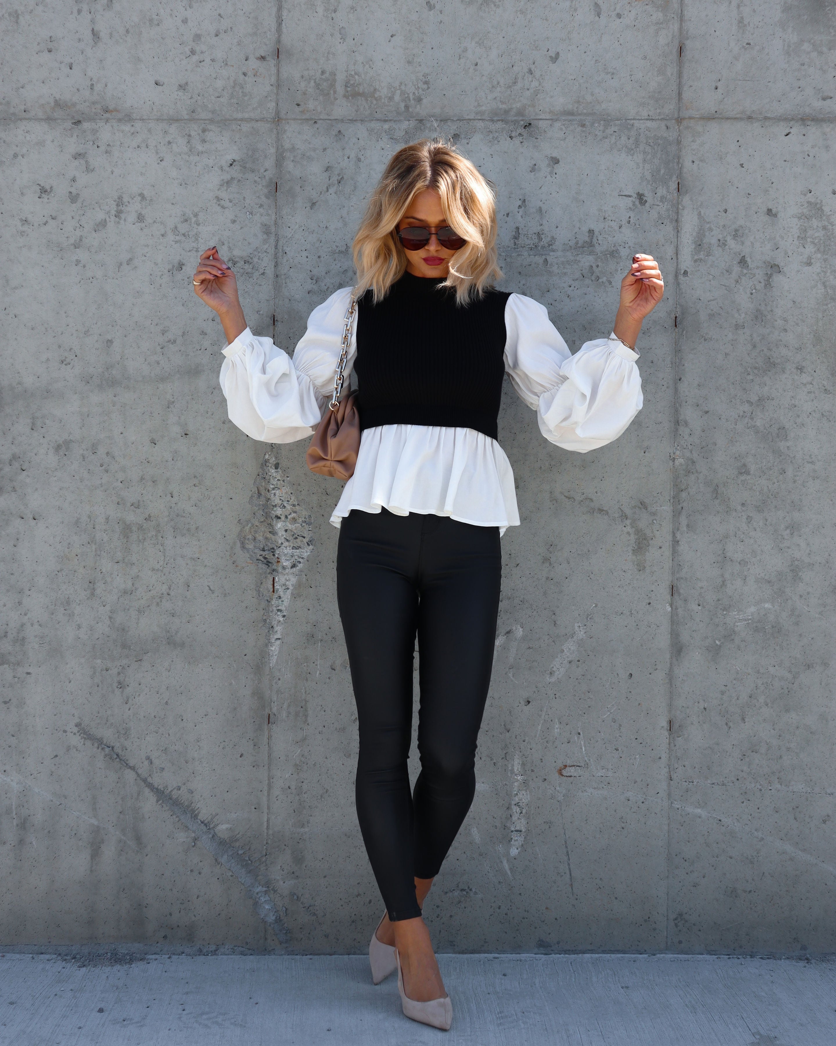 All The Best Contrast Knit Puff Sleeve Top - Black