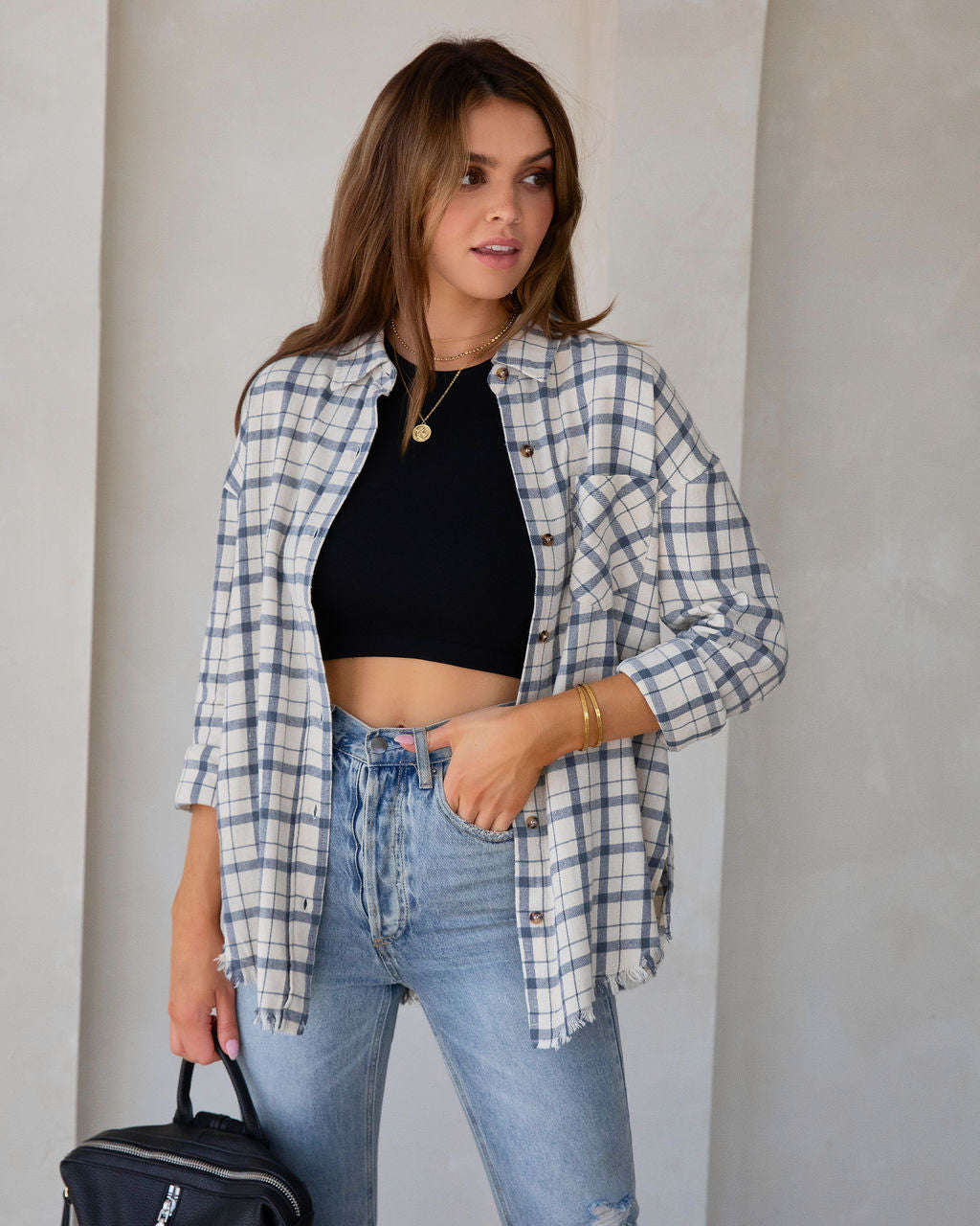 Farmers Market Lightweight Plaid Top - Off White - SALE