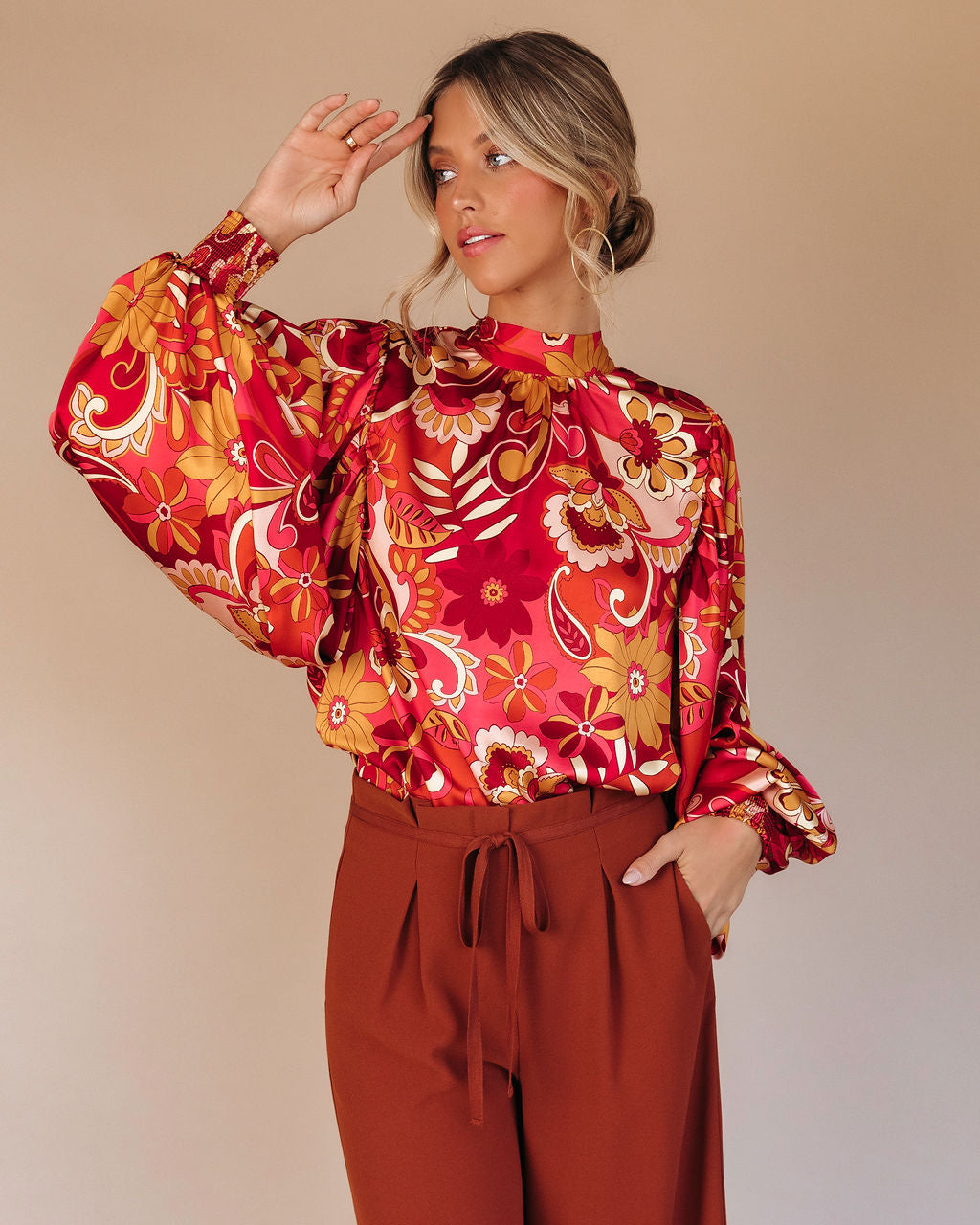 Dylann Satin Floral Balloon Sleeve Top