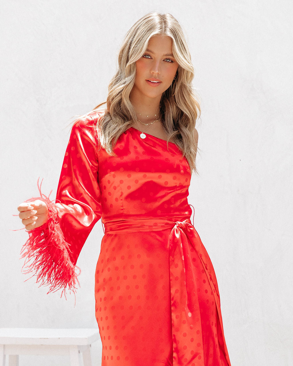 Margaux Satin Feather Trim Midi Dress - Red - FINAL SALE