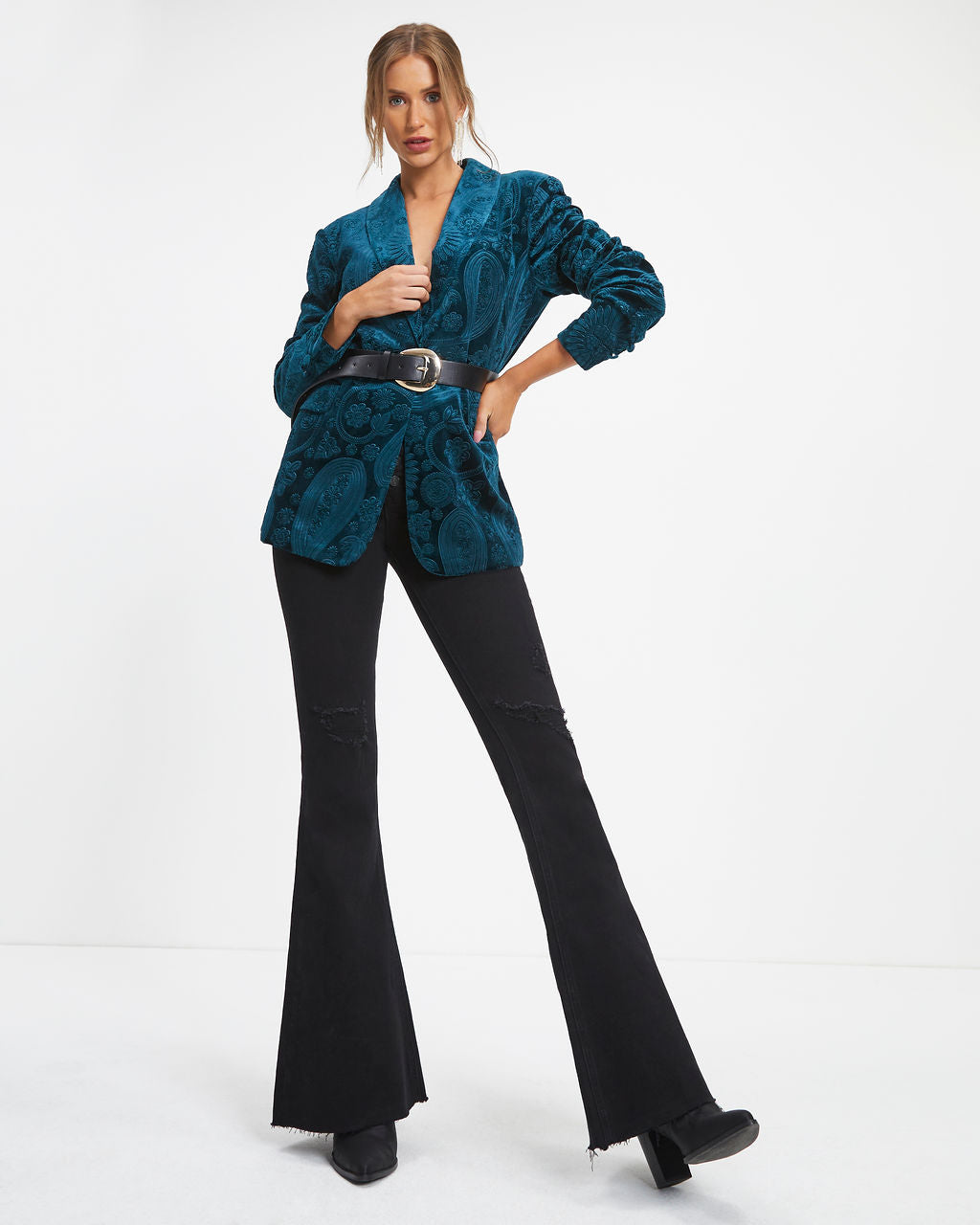 Top Of The Mark Pocketed Floral Embossed Blazer - Dark Teal