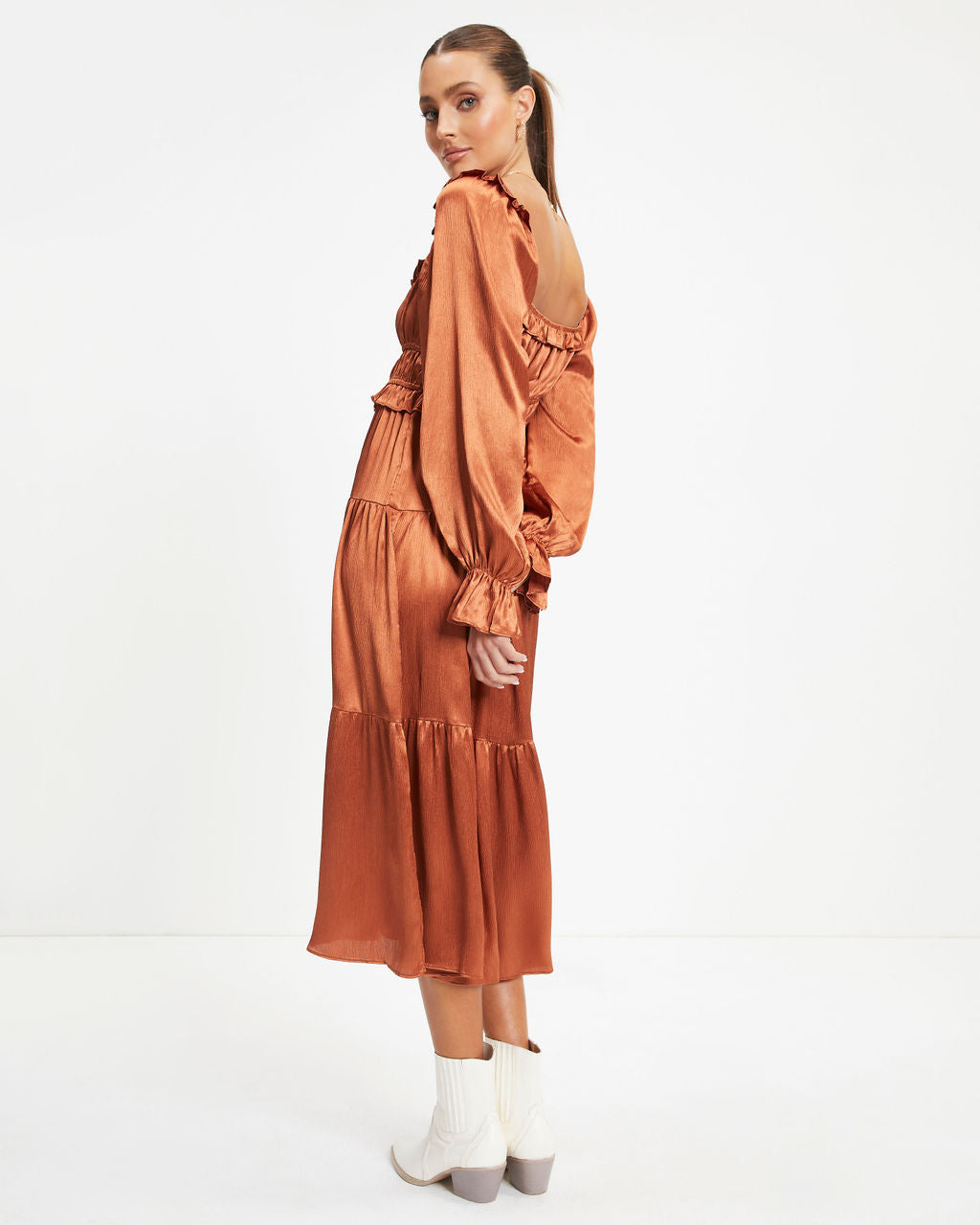 Thousand Words Satin Tiered Ruffle Midi Dress - Rust