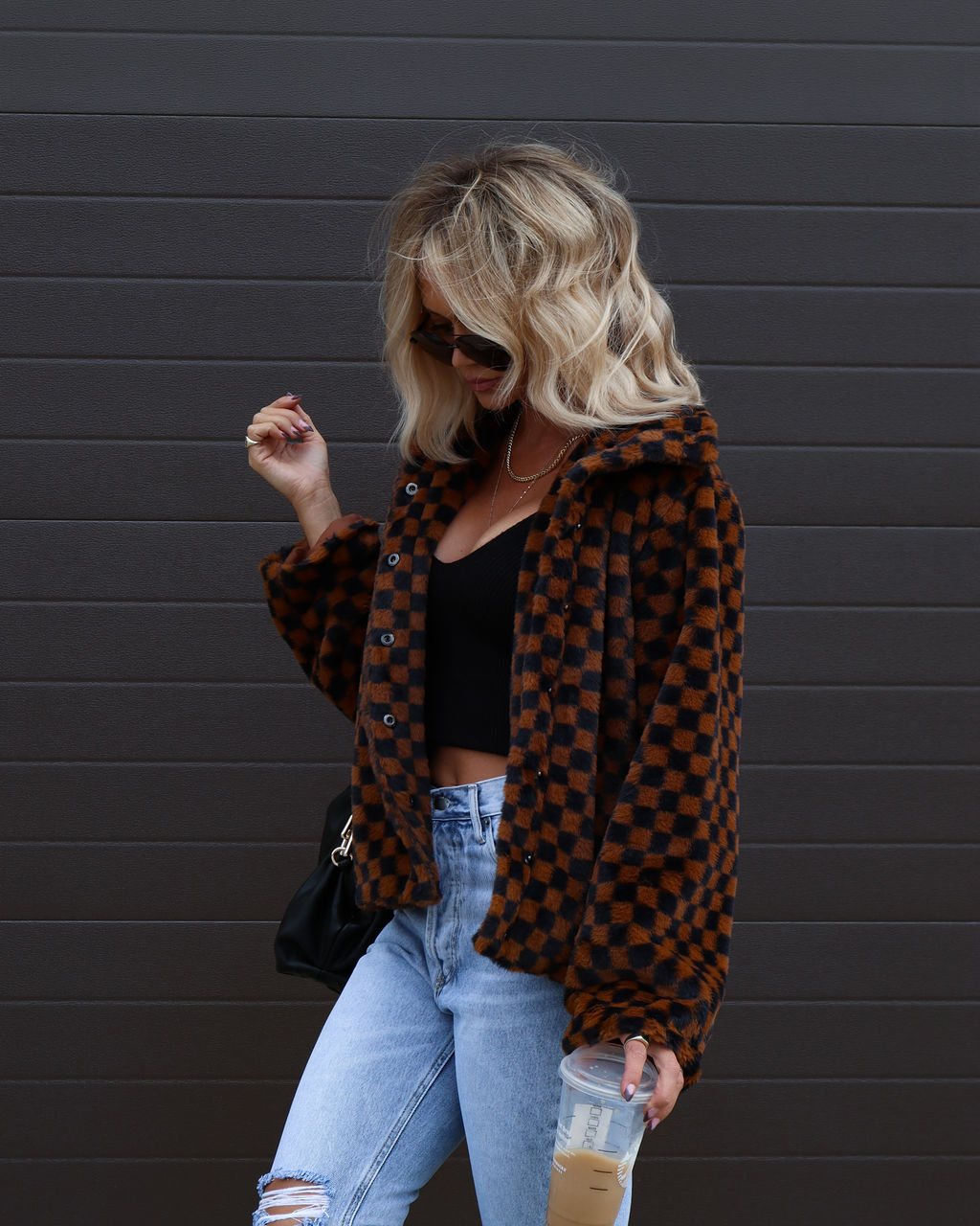 Completely Checked Out Pocketed Faux Fur Jacket