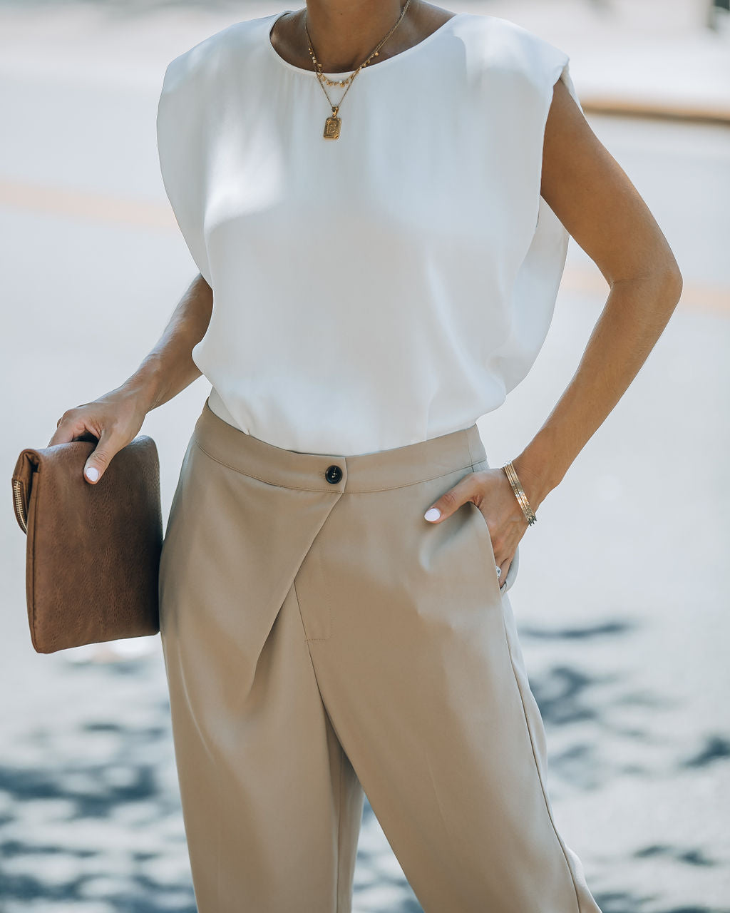 Fancy Gal Satin Padded Shoulder Top - White - SALE