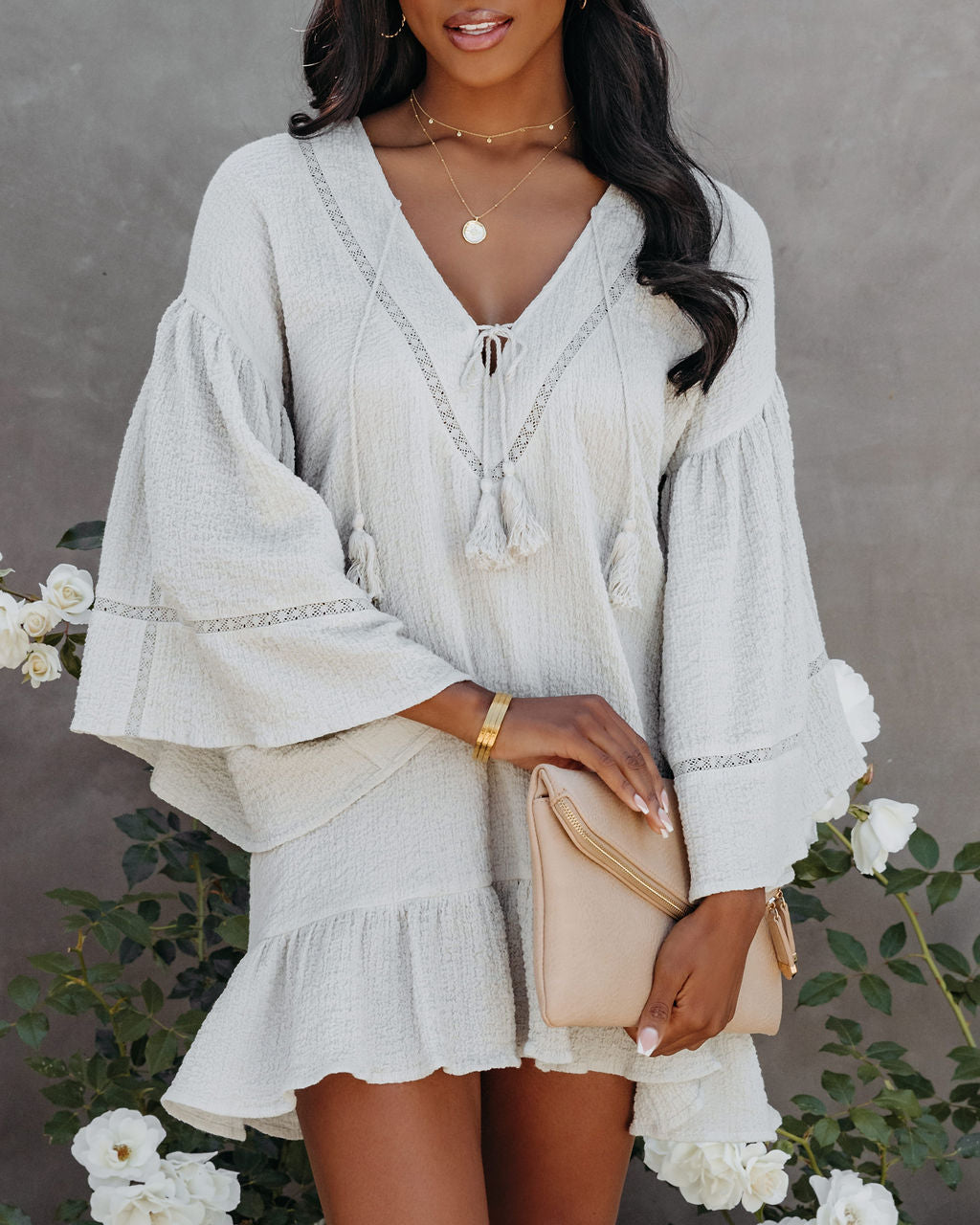 Kiwi Cotton Soft Crinkled Tassel Dress - Sage - FINAL SALE