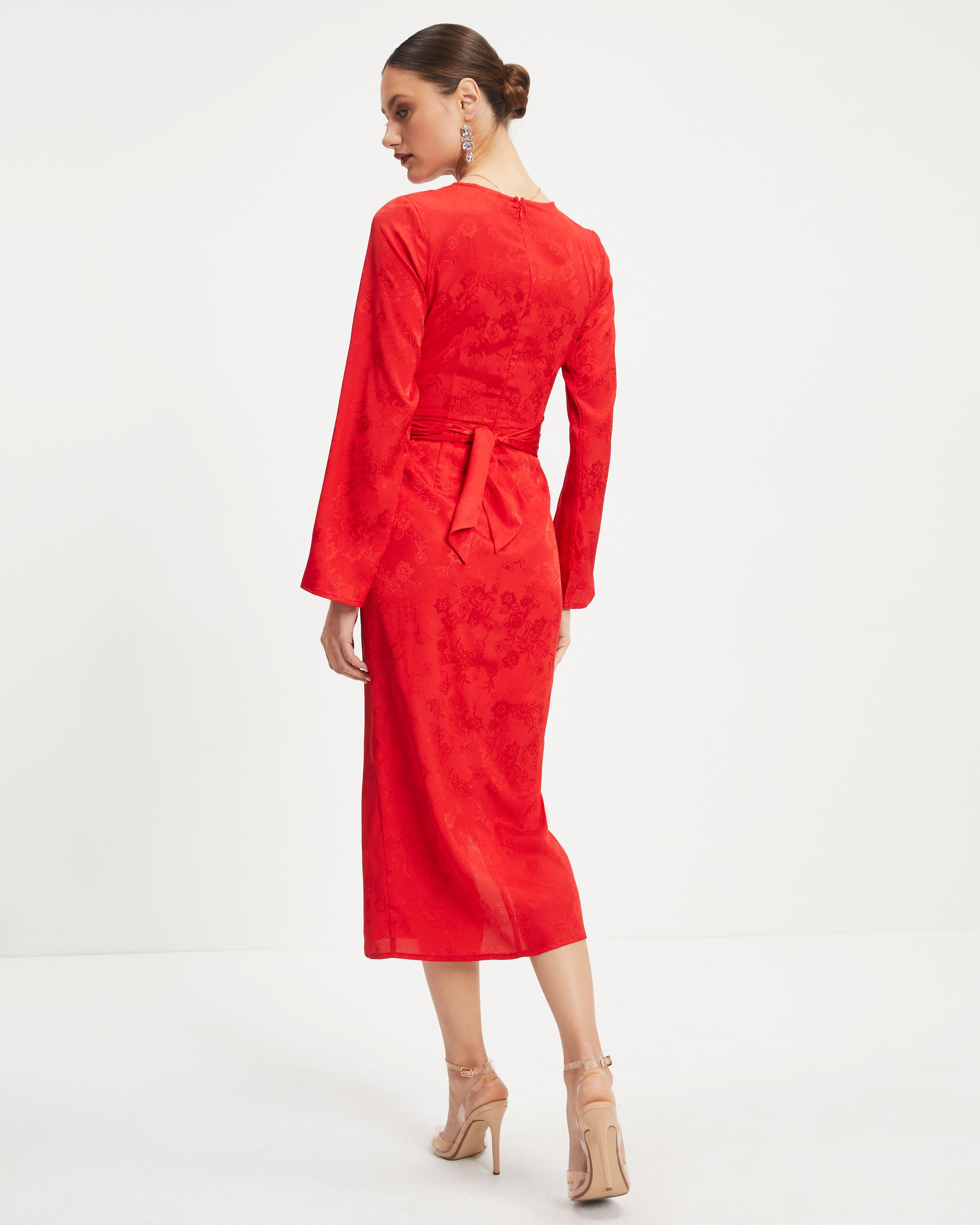 Divine Rights Satin Floral Cutout Midi Dress - Red