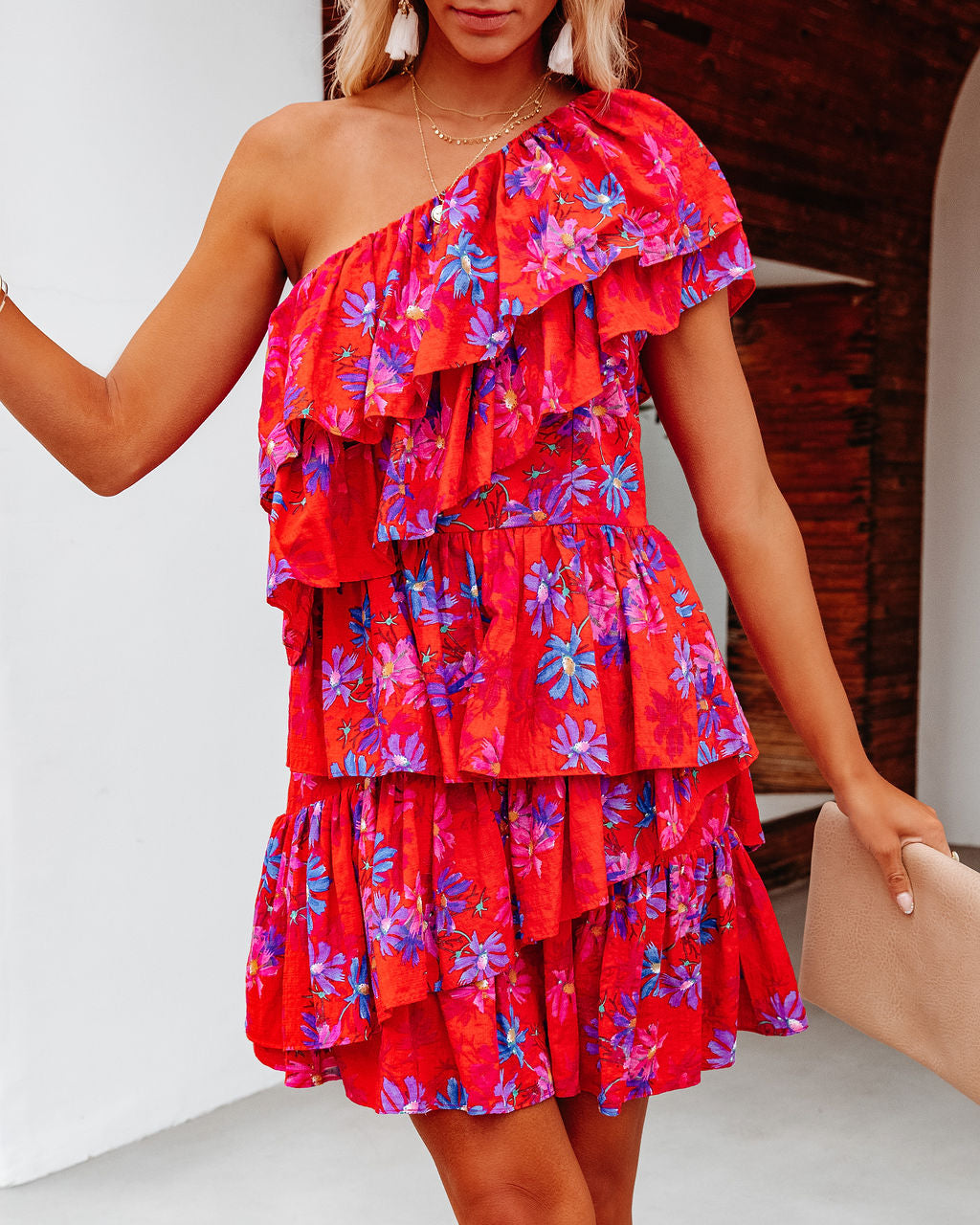 Vallis One Shoulder Floral Cotton Blend Tiered Mini Dress - FINAL SALE