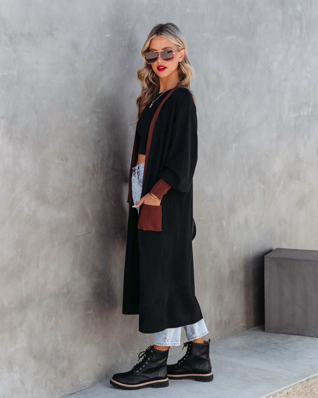 Weekend Errands Pocketed Duster Cardigan - Black