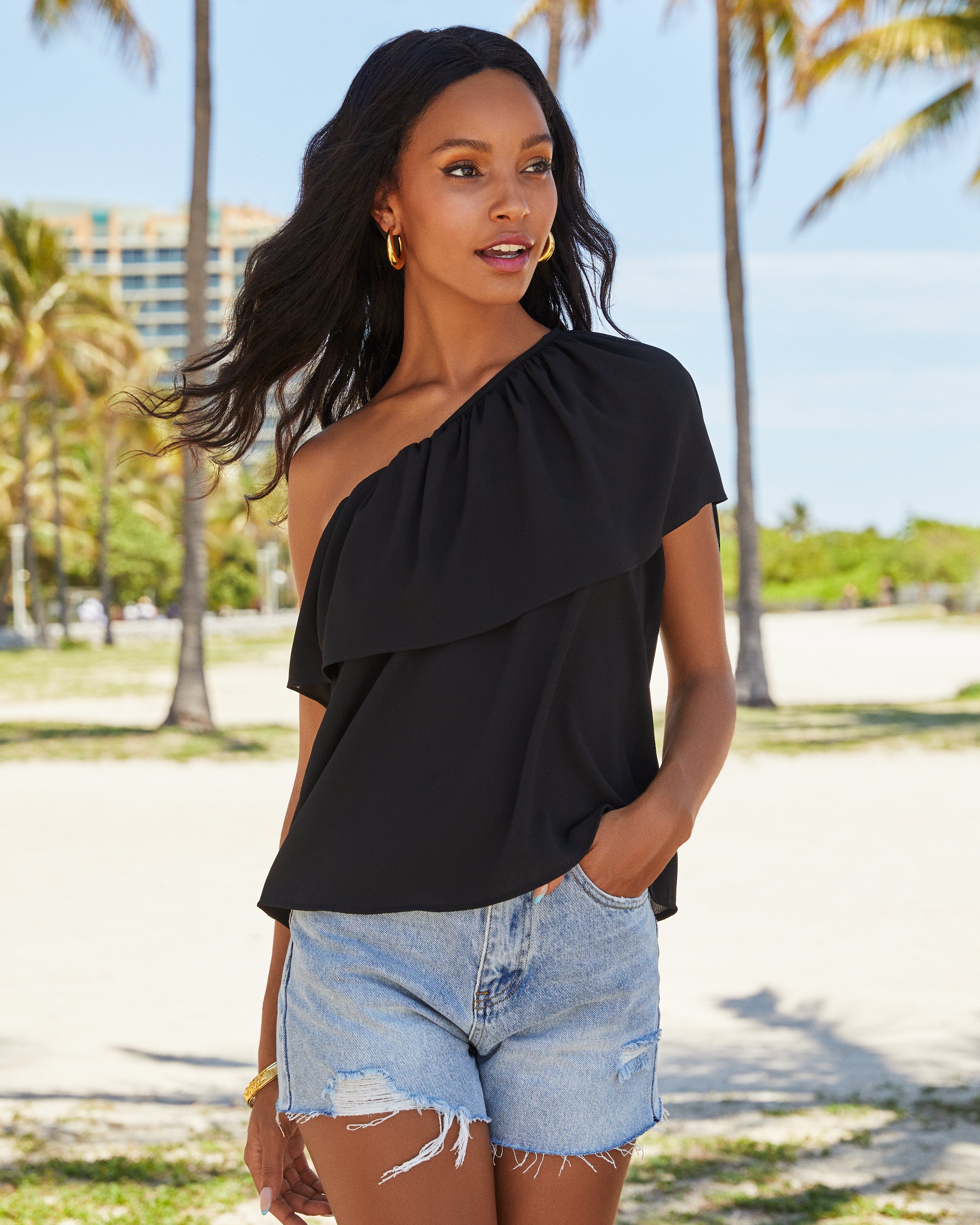 Dorotea Ruffle One Shoulder Top - Black - FINAL SALE