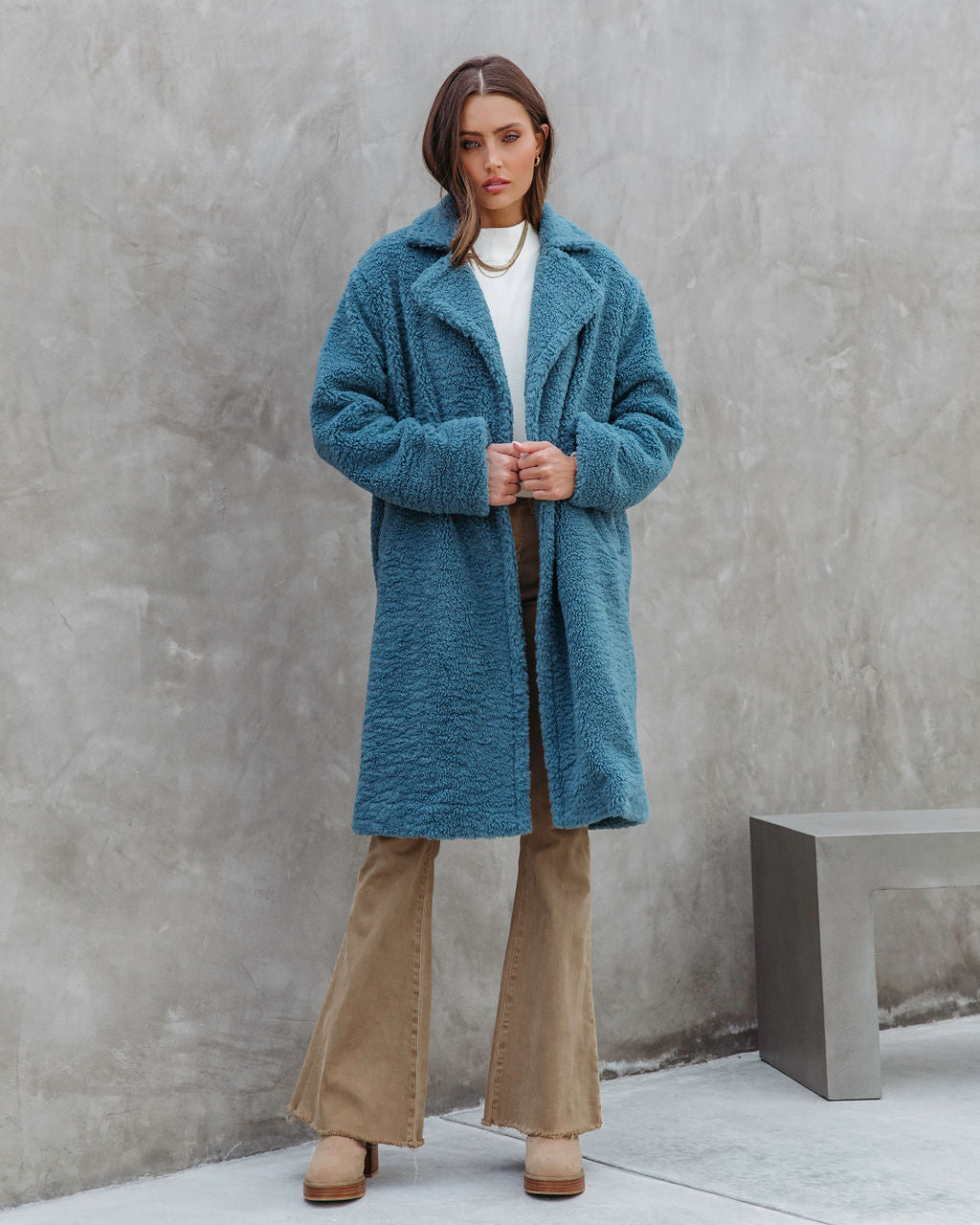 Of The Essence Pocketed Teddy Coat - Dusty Teal
