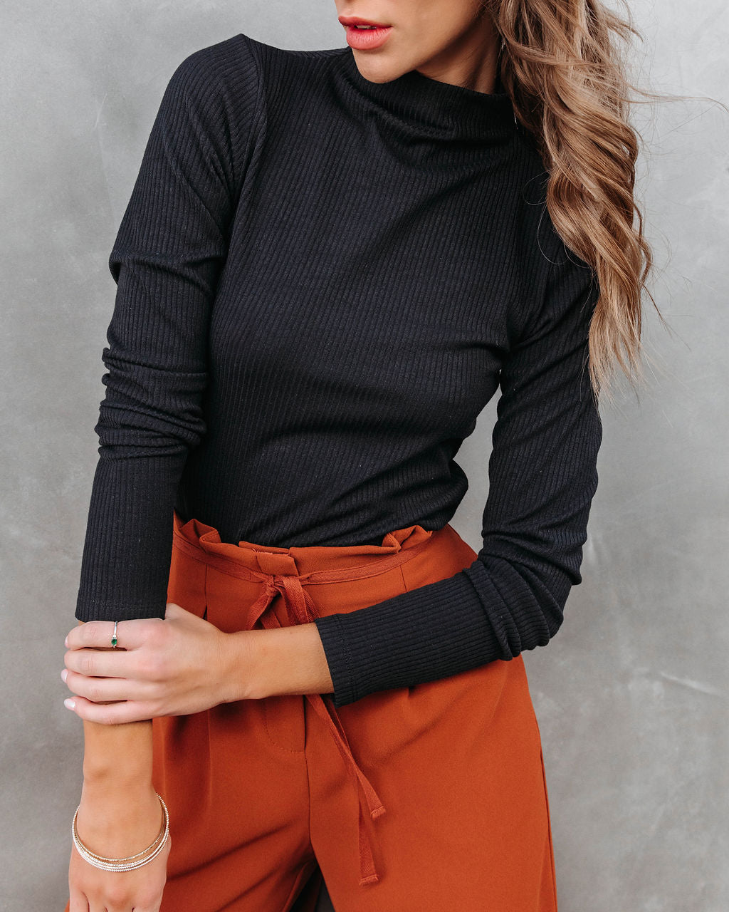 Never Average Mock Neck Ribbed Long Sleeve Top - Black