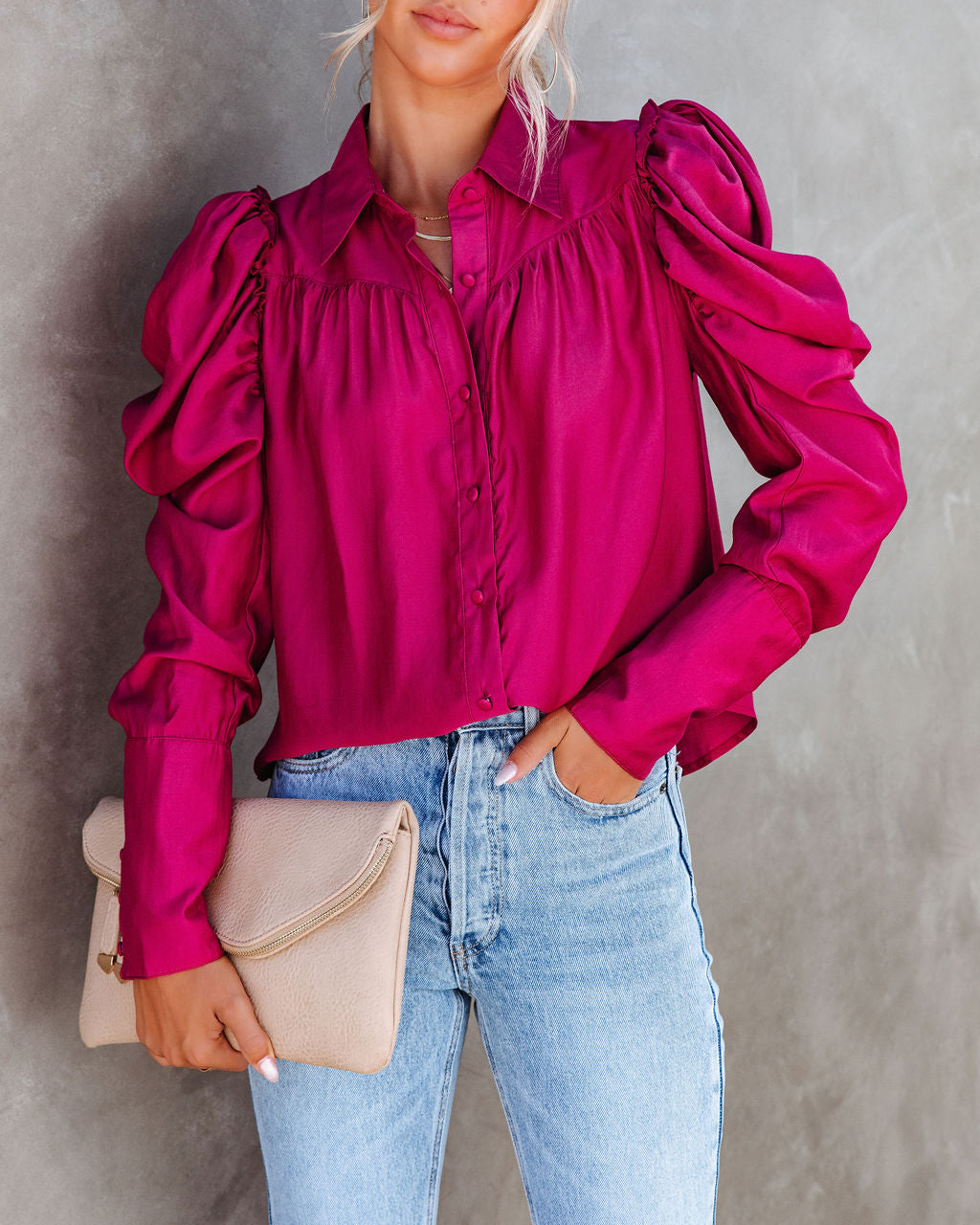 Southern Belle Puff Sleeve Button Down Top - Rose - SALE