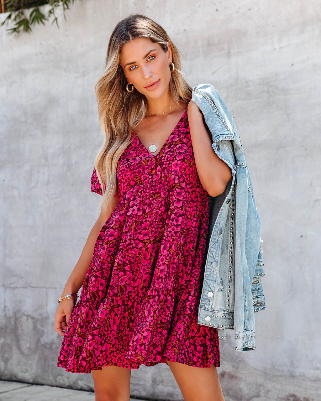 Picking Flowers Tiered Puff Sleeve Babydoll Dress - Burgundy