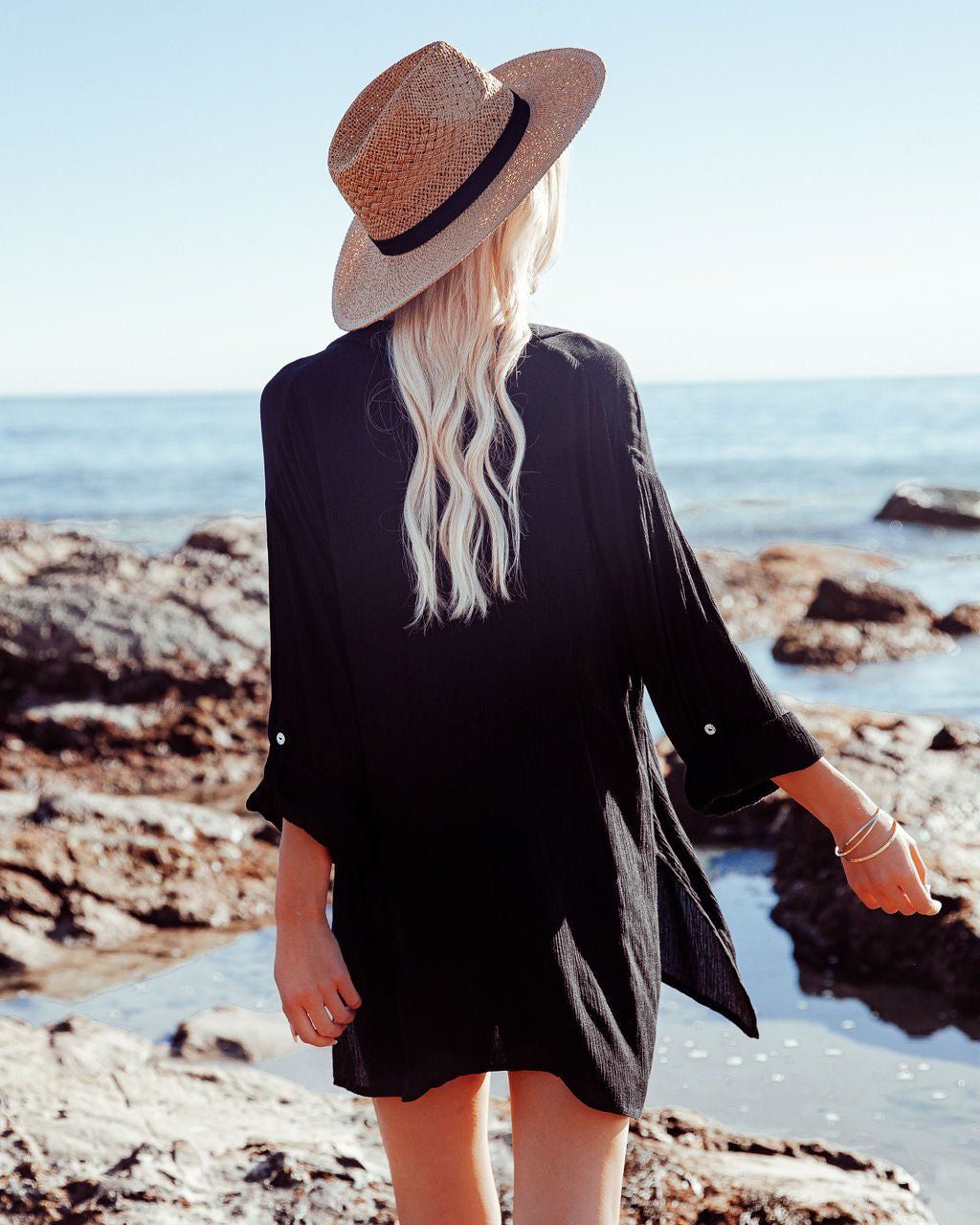 Jeanette Button Down Tunic Top - Black