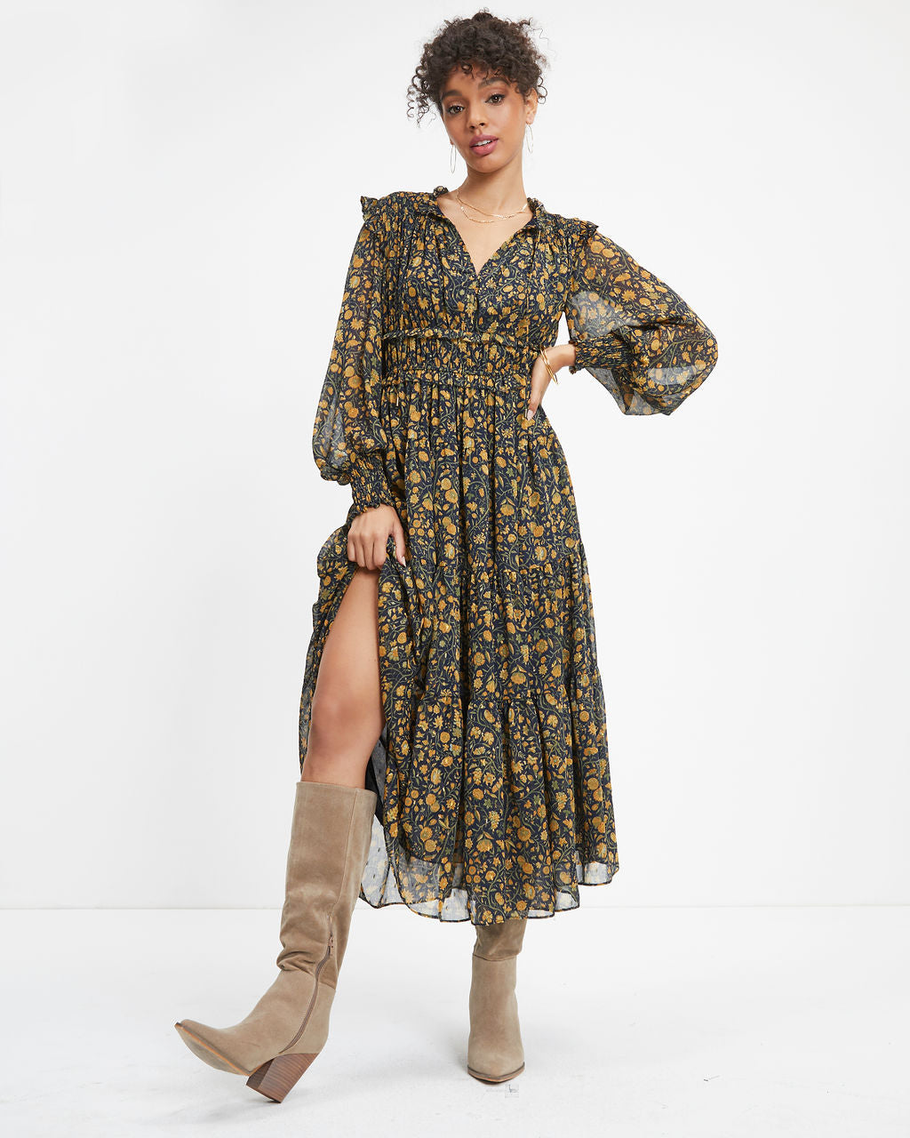 Wishing And Hoping Floral Chiffon Midi Dress