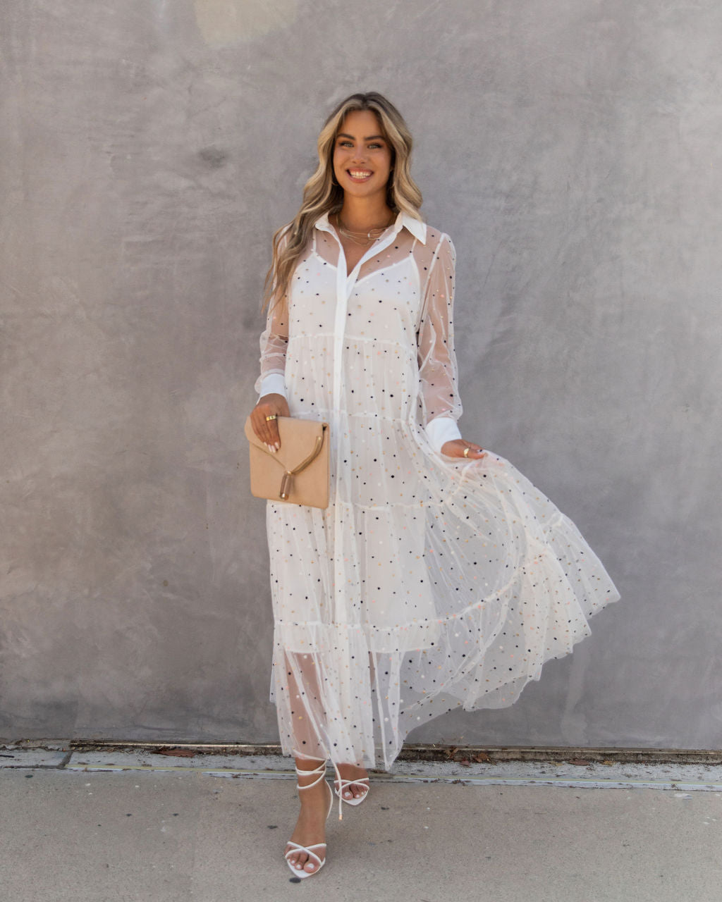 Joaquin Embroidered Mesh Tiered Maxi Dress - White - FINAL SALE