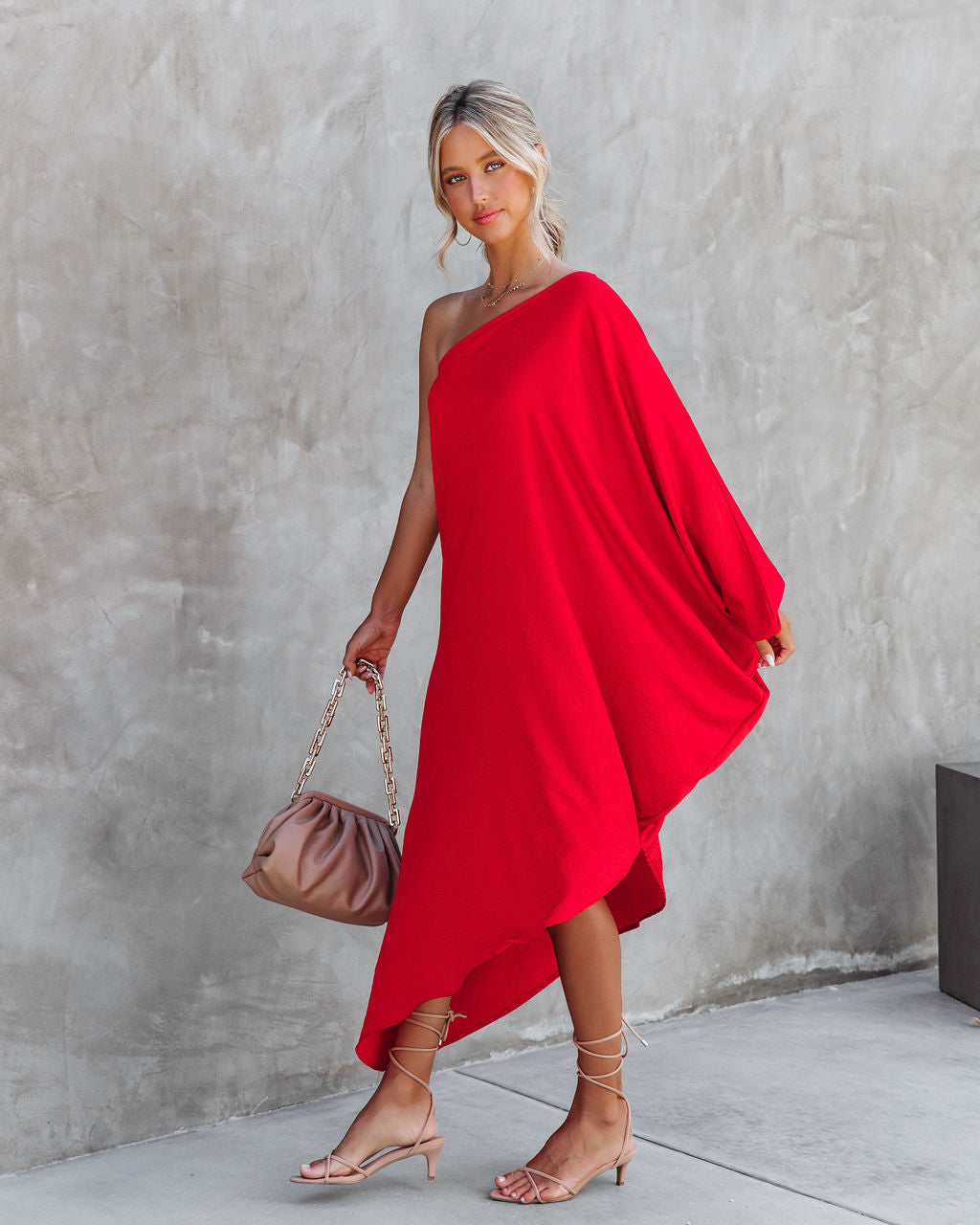 Goddess Of Beauty One Shoulder Satin Maxi Dress - Red