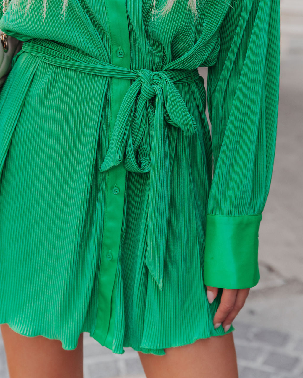Aster Plisse Button Down Shirt Dress - Emerald