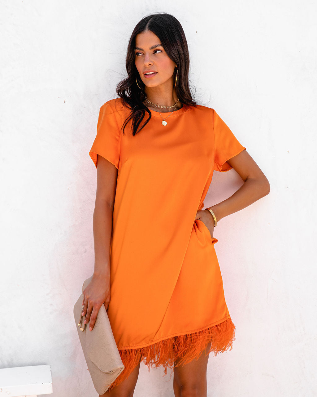 Zaldana Pocketed Feather Trim Dress - Orange - FINAL SALE