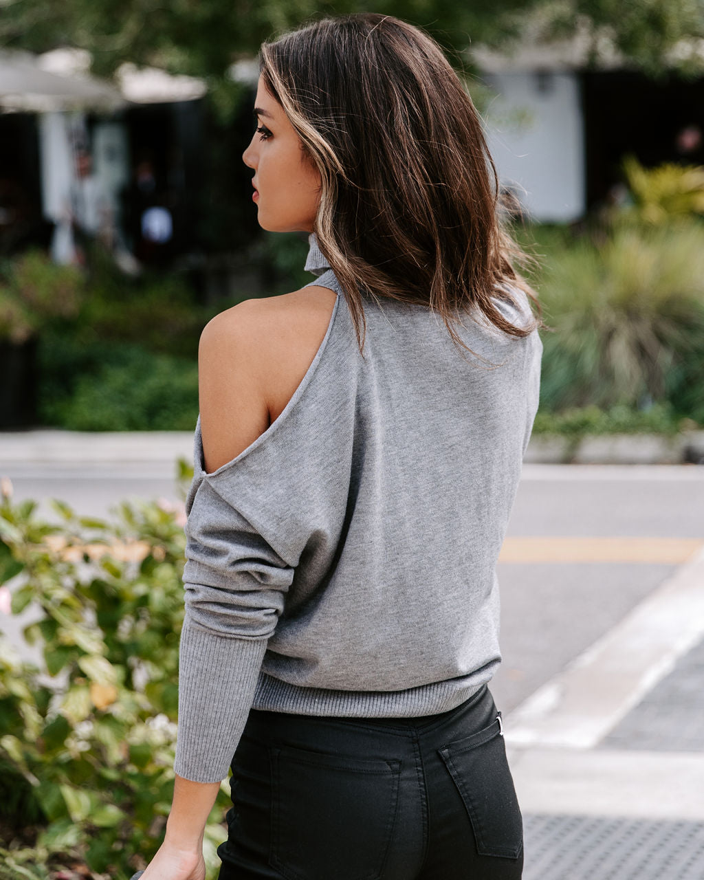 Take It Slow Knit Turtleneck Cold Shoulder Pullover Sweater - Grey