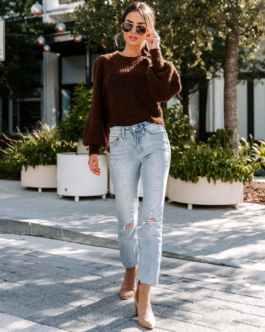 Tana Balloon Sleeve Knit Sweater - Chocolate