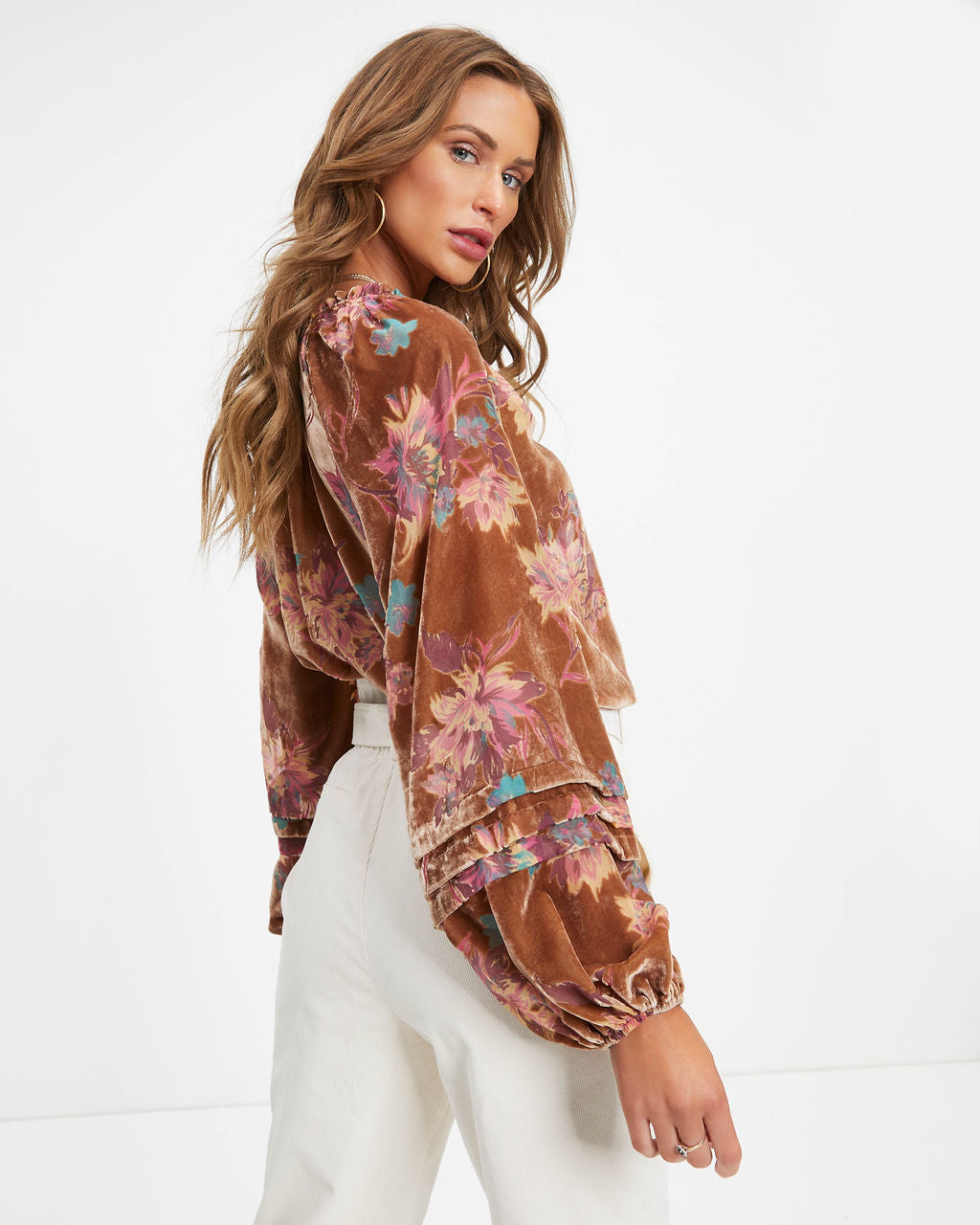 Arden Floral Burnout Velvet Top - Taupe