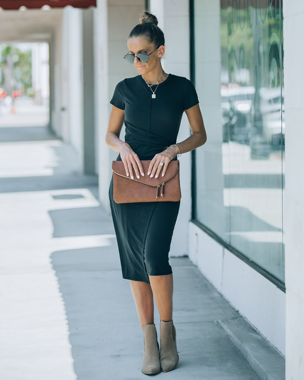 Rachel Side Ruched Midi Dress - Black - FINAL SALE