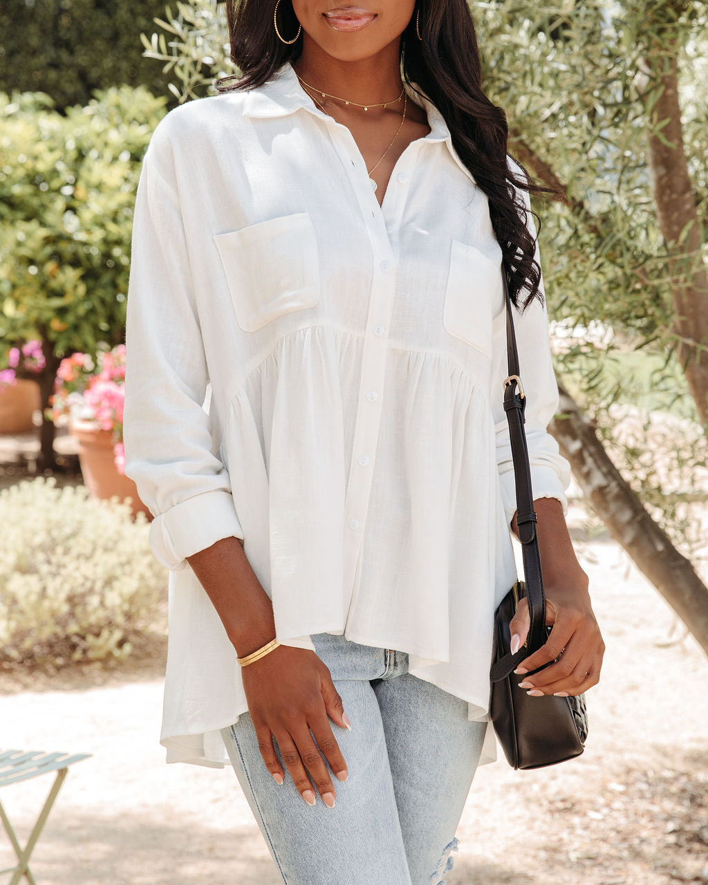 Peaceful Linen Blend Pocketed Button Down Babydoll Top - FINAL SALE