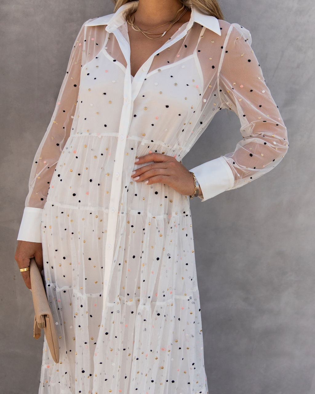 Joaquin Embroidered Mesh Tiered Maxi Dress - White - FINAL SALE