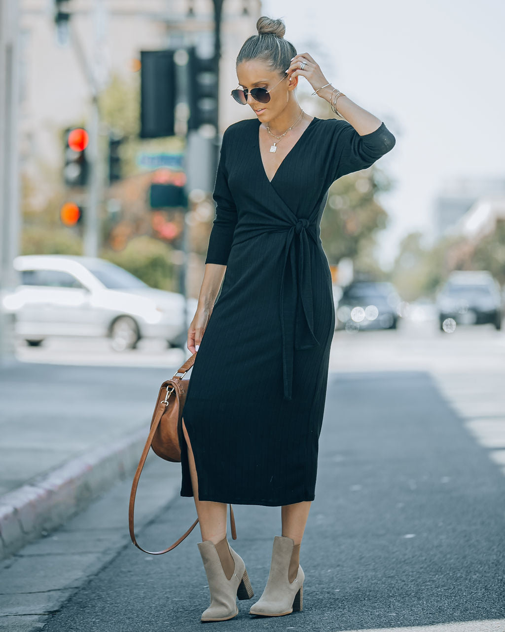 Dante Ribbed Knit Front Tie Midi Dress - Black
