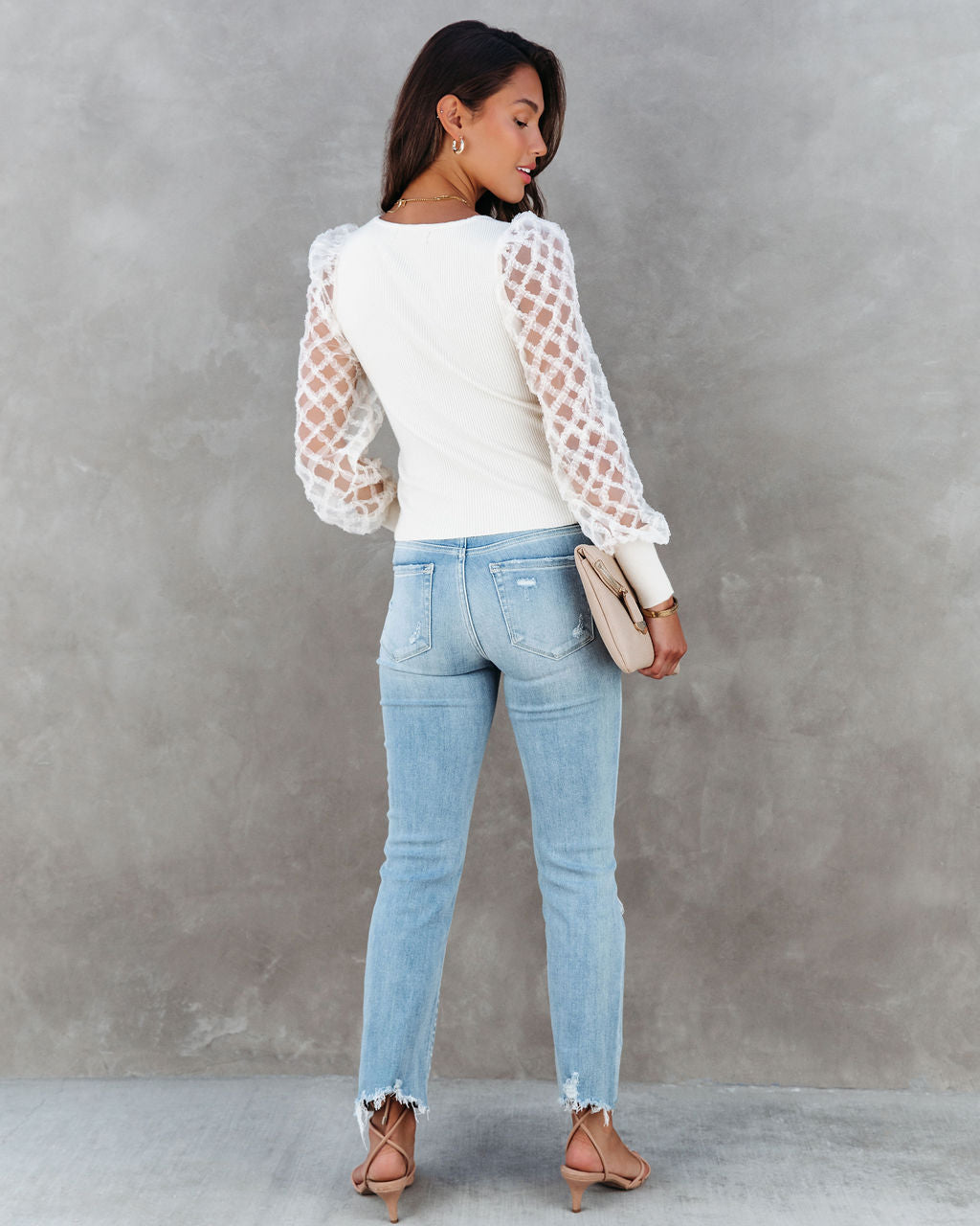 Super Fabulous Ribbed Tulle Contrast Top - Ivory - SALE