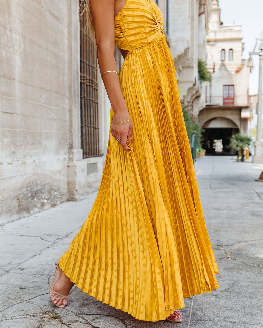 Marilynn Pleated Polka Dot Maxi Dress - Marigold - SALE