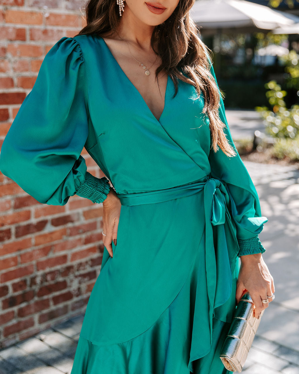 Irresistible Desire Satin Ruffle Maxi Dress - Emerald