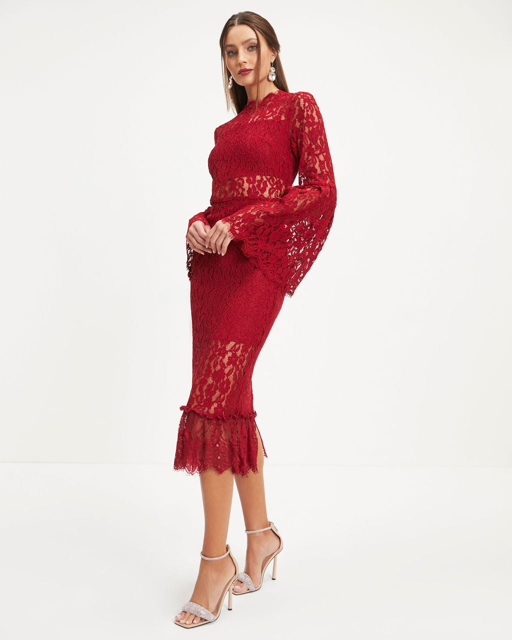 Love Story Baby Lace Bell Sleeve Midi Dress - Wine