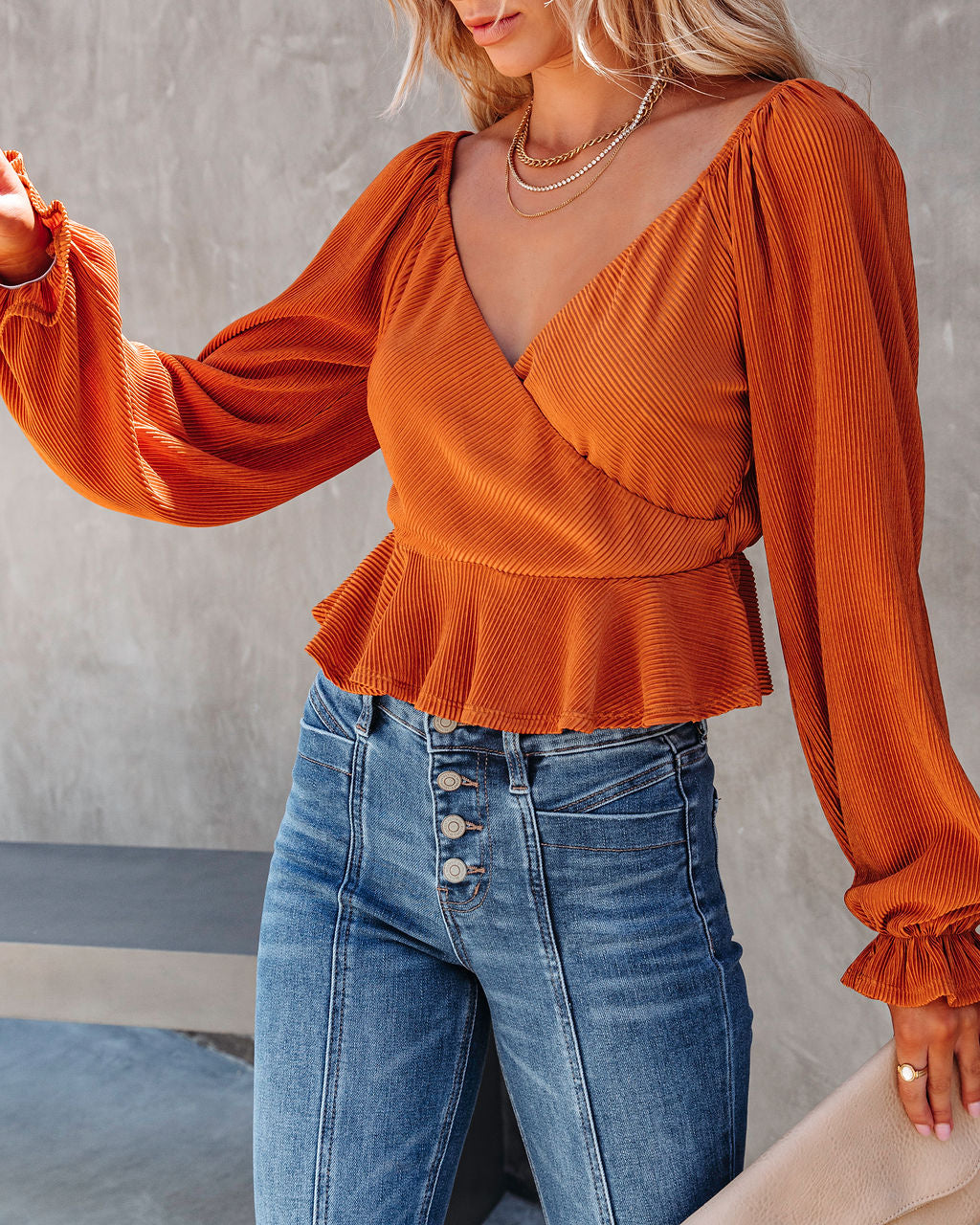 Pumpkin Spice And Everything Nice Plisse Peplum Top - Copper - SALE
