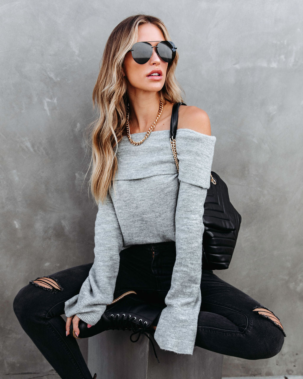 Dreamworld Off The Shoulder Pullover Sweater - Heather Grey