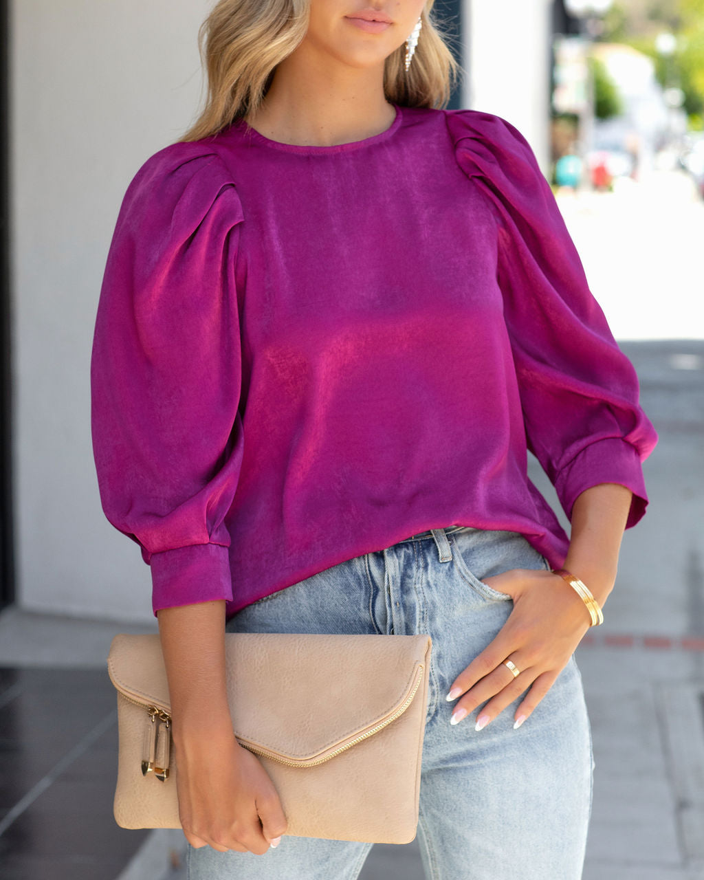 Never Too Late Satin Puff Sleeve Top - Magenta - SALE