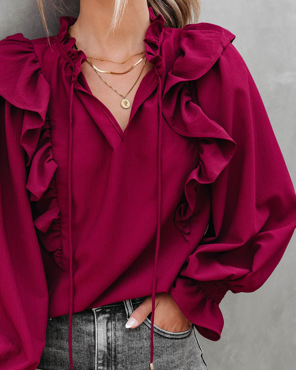 Marion Ruffle Long Sleeve Top - Burgundy