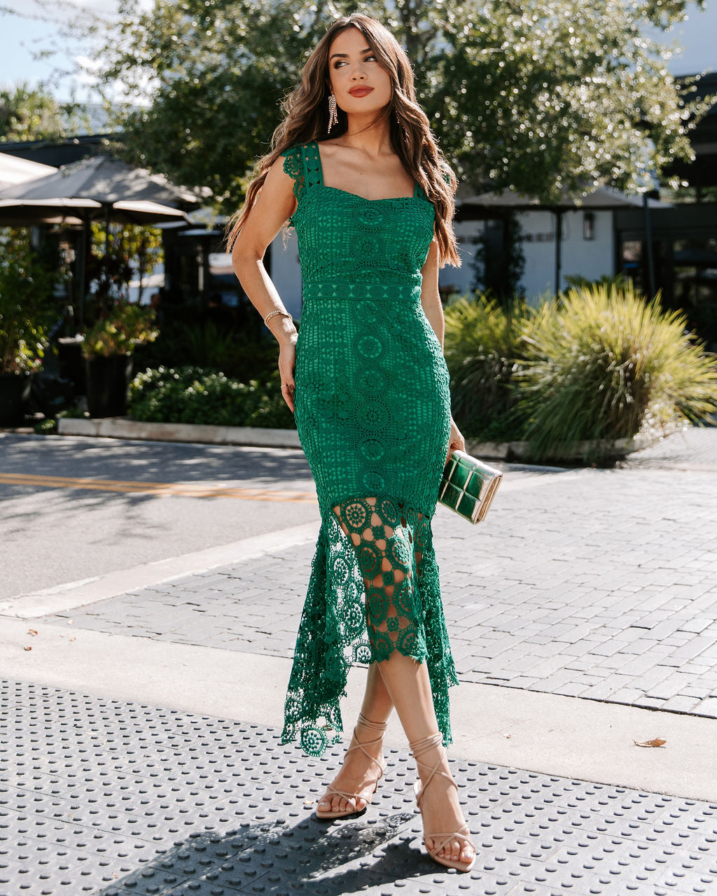 Dare To Be You Crochet Lace Ruffle Midi Dress - Emerald